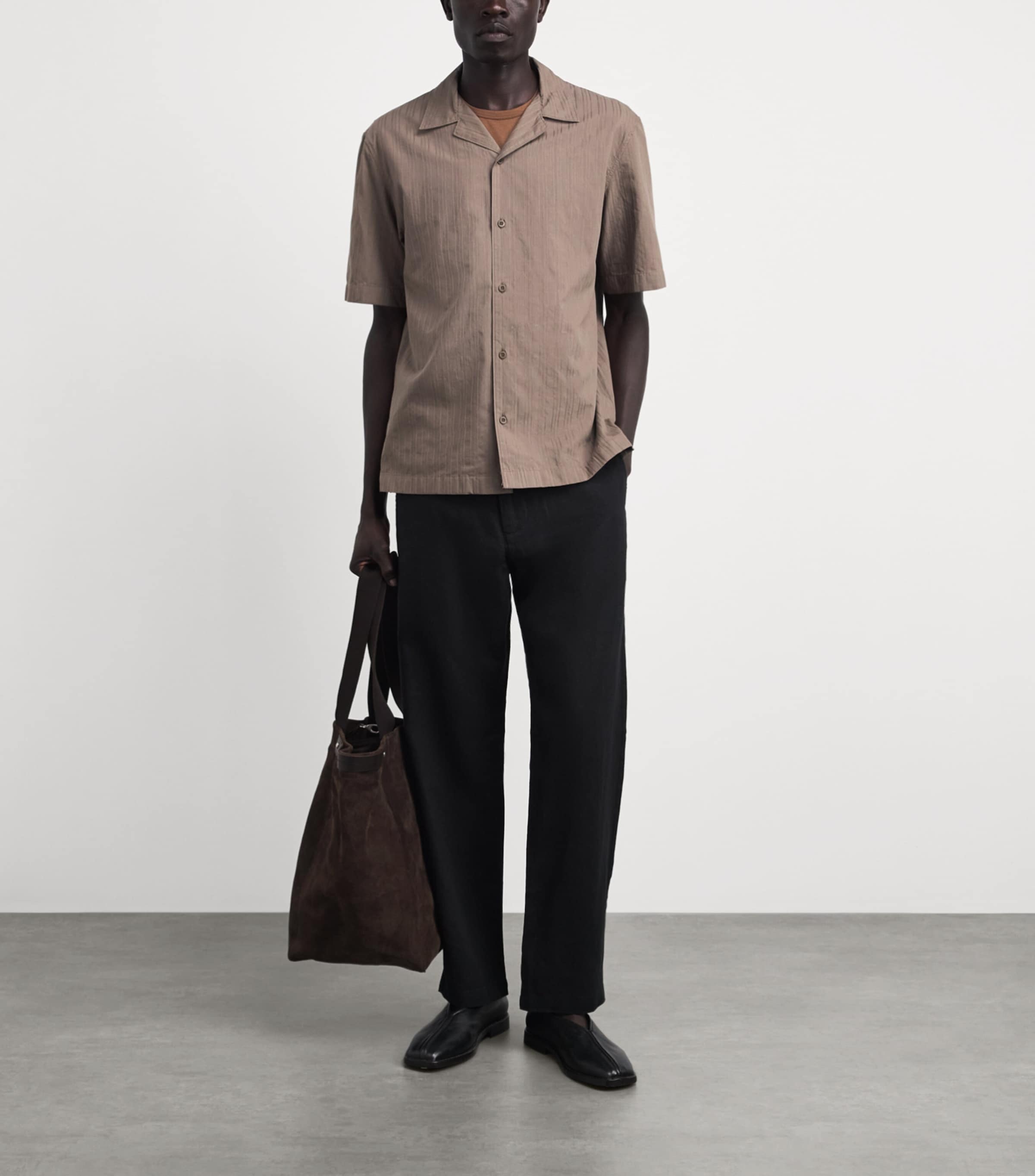 Sunspel Mens Cotton Textured Stripe Shirt Brgr Dark Cedar Image 2