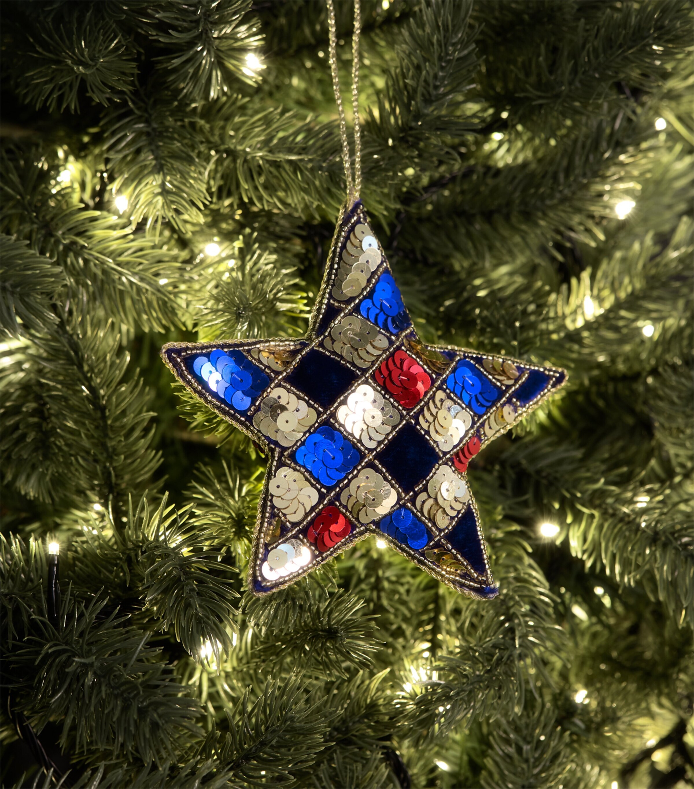 Harrods Sequinned Star Tree Decoration Blue/gold/red Image 3
