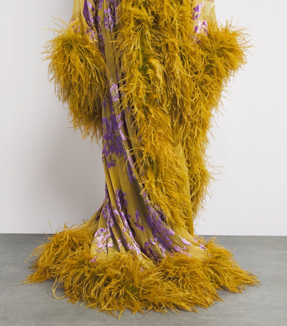 Taller Marmo Womens Silk-Blend Feathered Melendo Robe Lavander Gold Kiwi Image 3