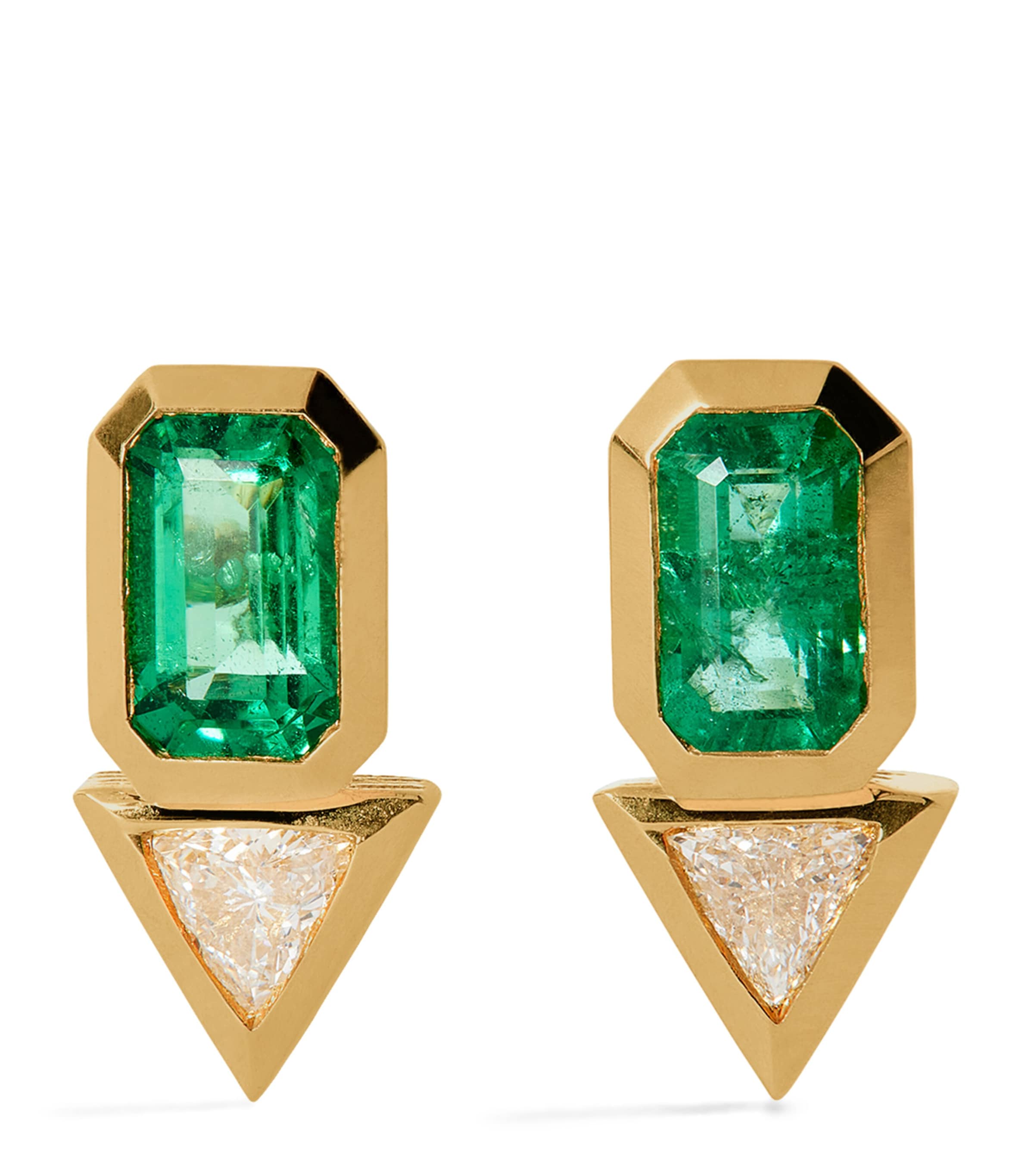 Azlee Yellow Gold, Diamond And Emerald Trillion Stud Earrings