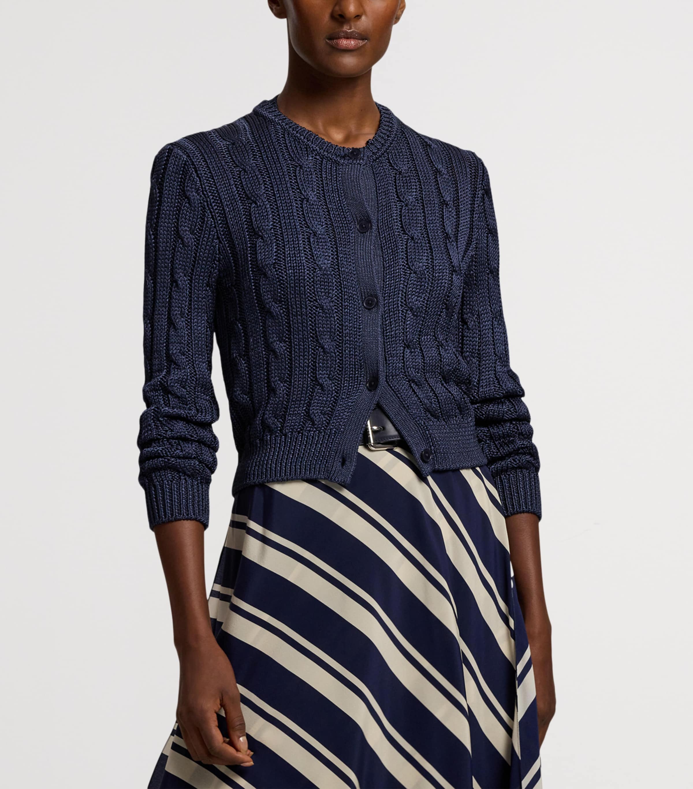 Silk Cable-Knit Cropped Cardigan NAVY-410 Image 7