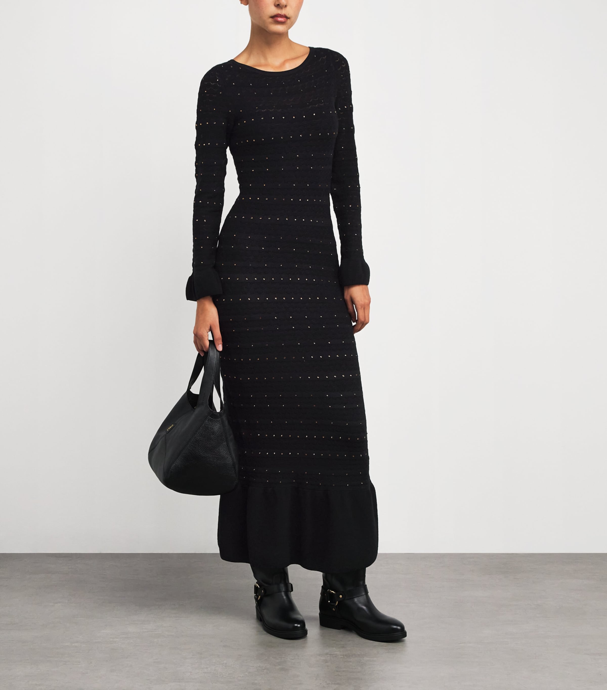 Rhinestone-Embellished Knitted Maxi Dress BLACK Image 2
