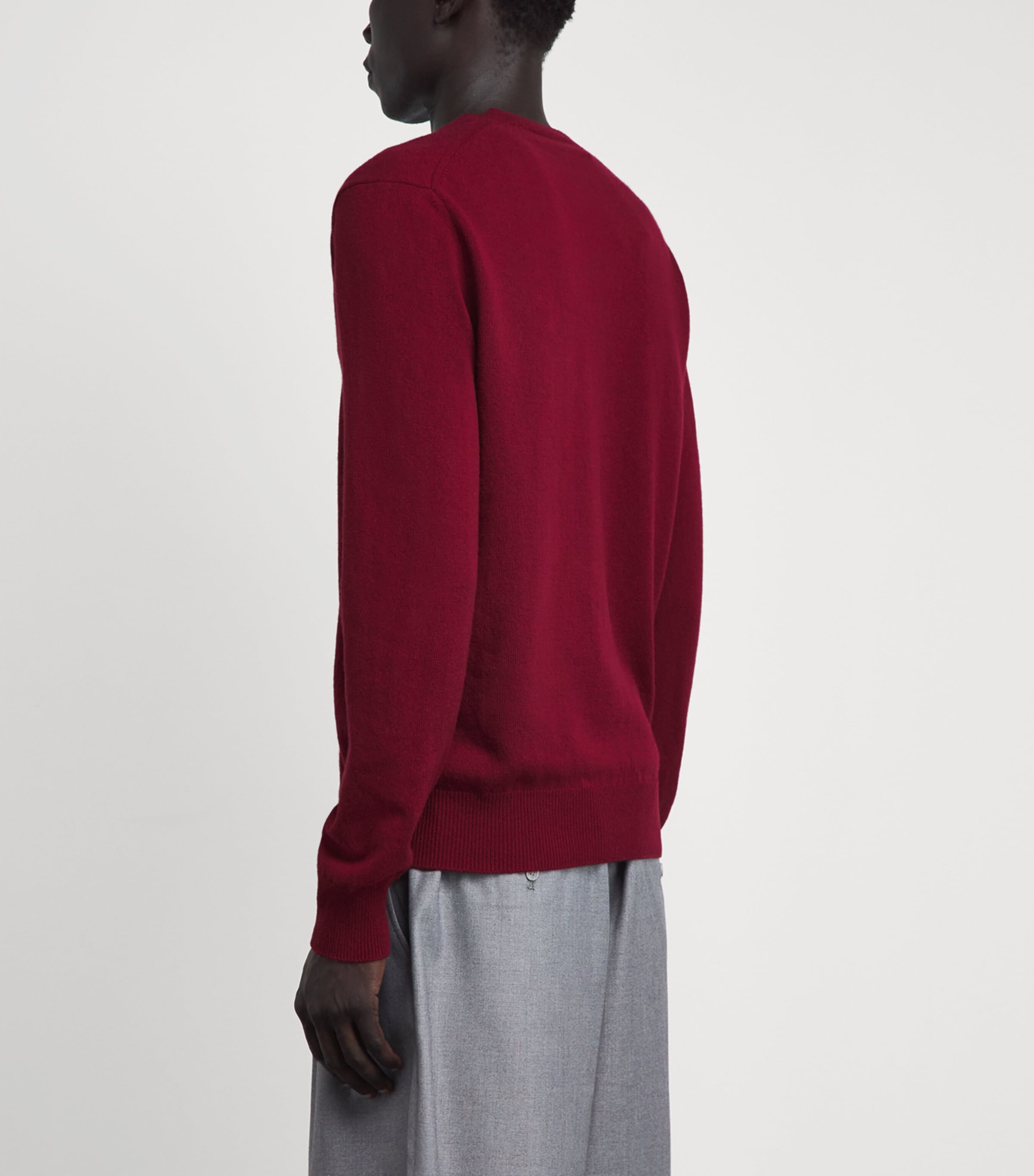 Comme Des Garçons Play Mens Wool Rhinestone Heart V-Neck Sweater Burgundy Image 5
