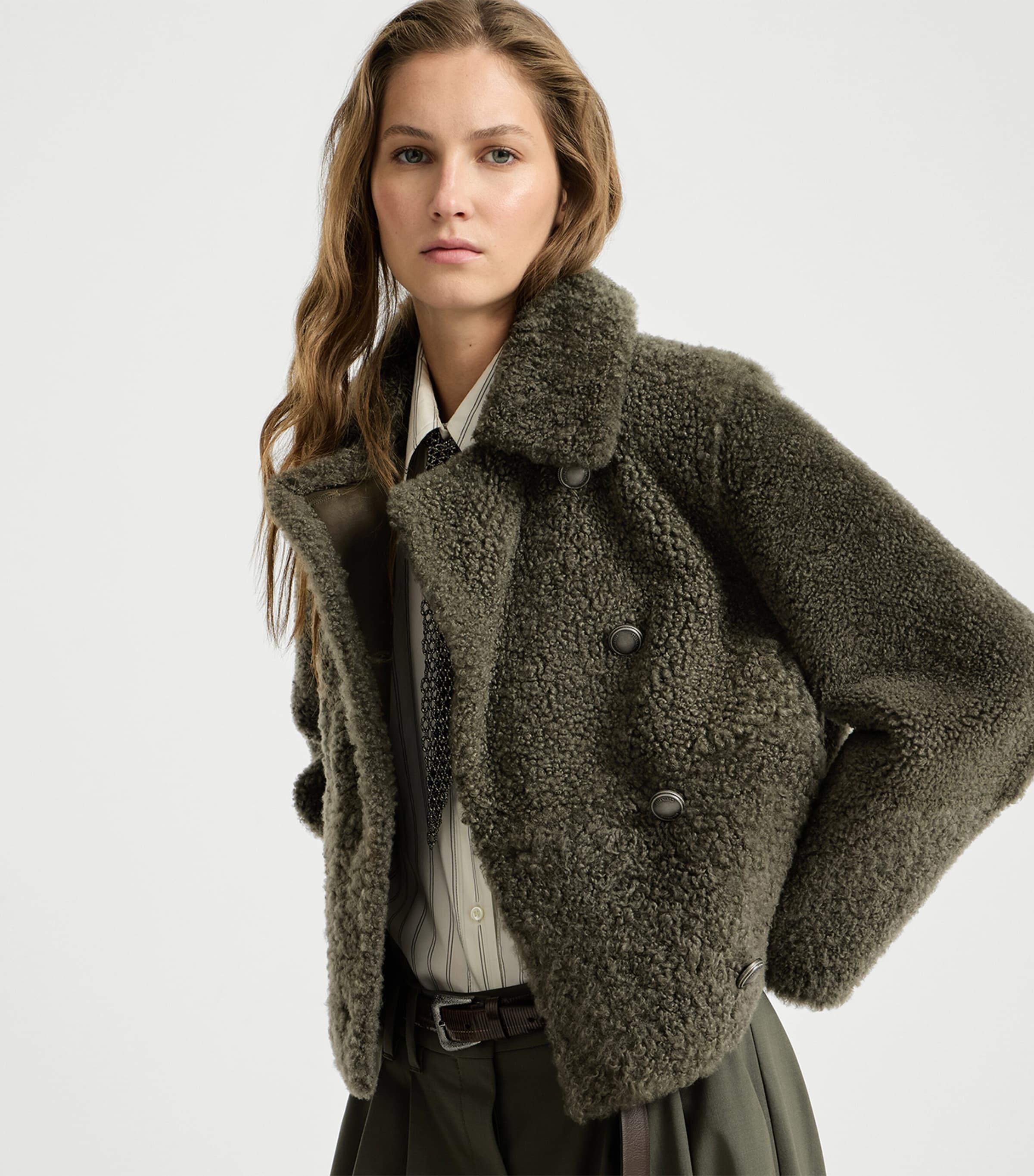 Brunello Cucinelli Womens Shearling Pea Coat Grigio Militare Image 4