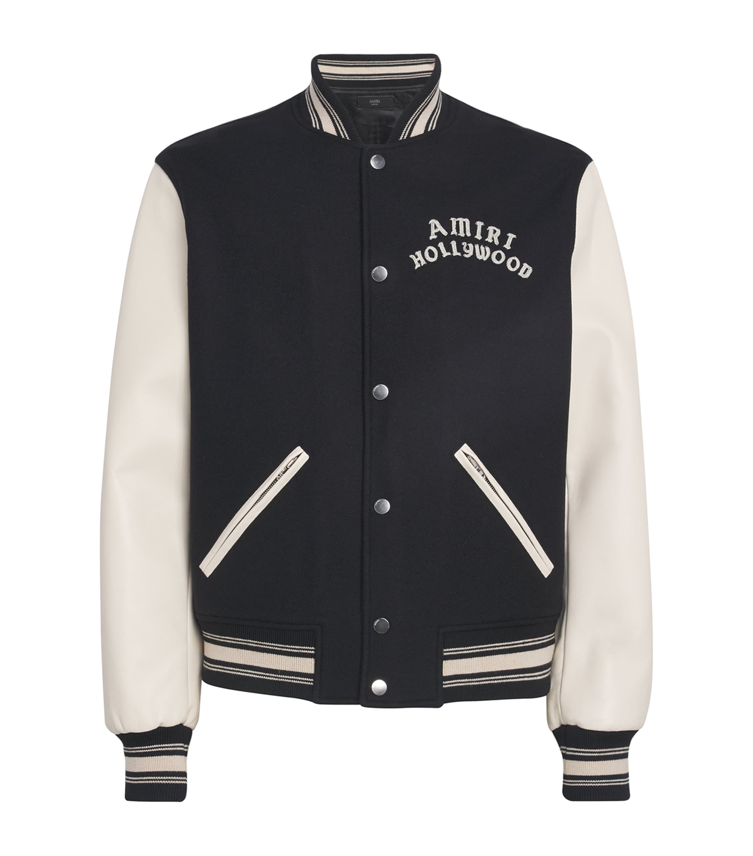 アミリ Amiri Hollywood Leather Bomber AMIRI Leather-Trim Hollywood Bomber Jacket | Harrods US