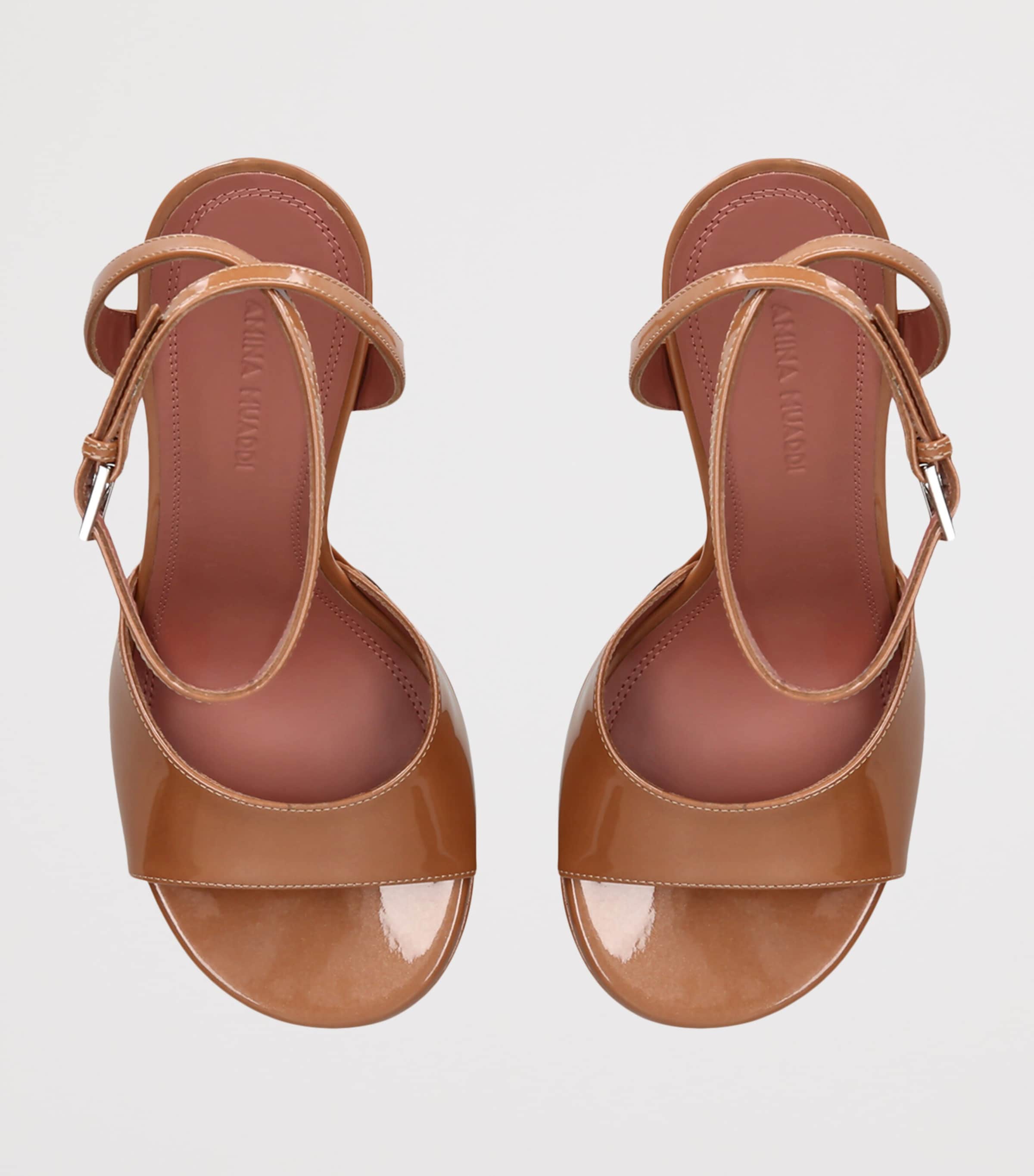 Amina Muaddi Patent Leather Aya Platform Heeled Sandals 155 Mid Brown Image 3