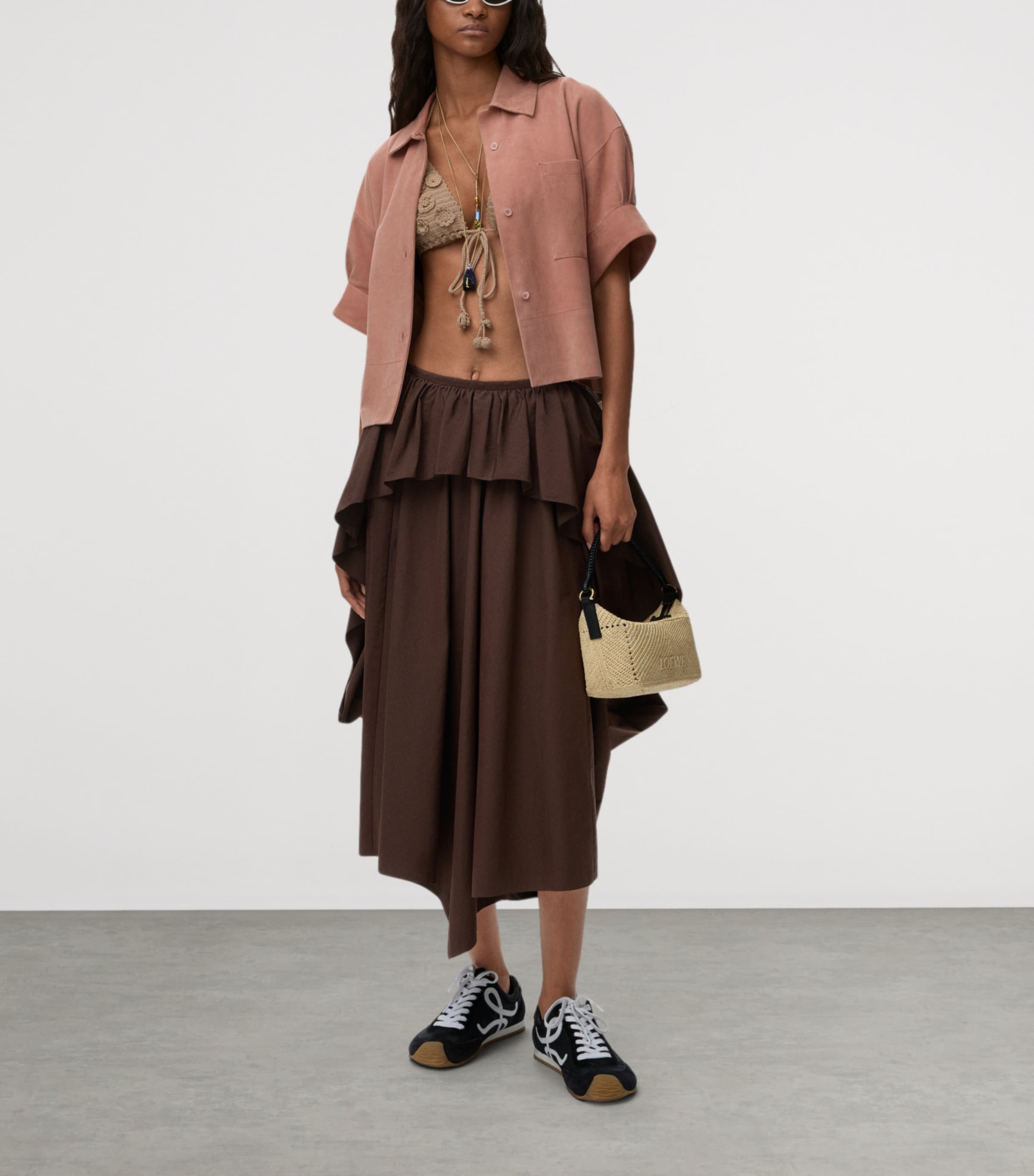 LOEWE Womens x Paula's Ibiza Cotton Draped Midi Skirt Chocolate Brown Image 2