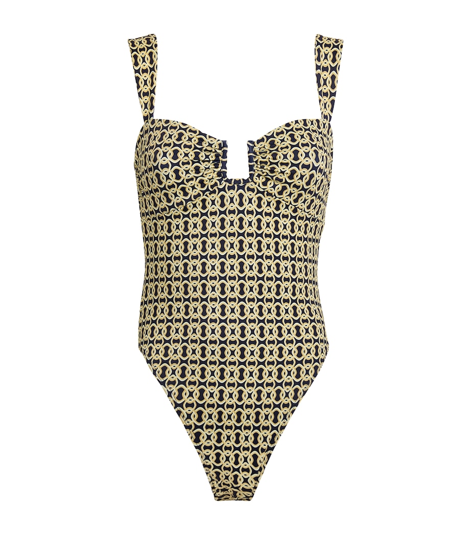 AWAY THAT DAY Womens Geometric Print Cannes Swimsuit Navy/gold Link Prnt Image 1