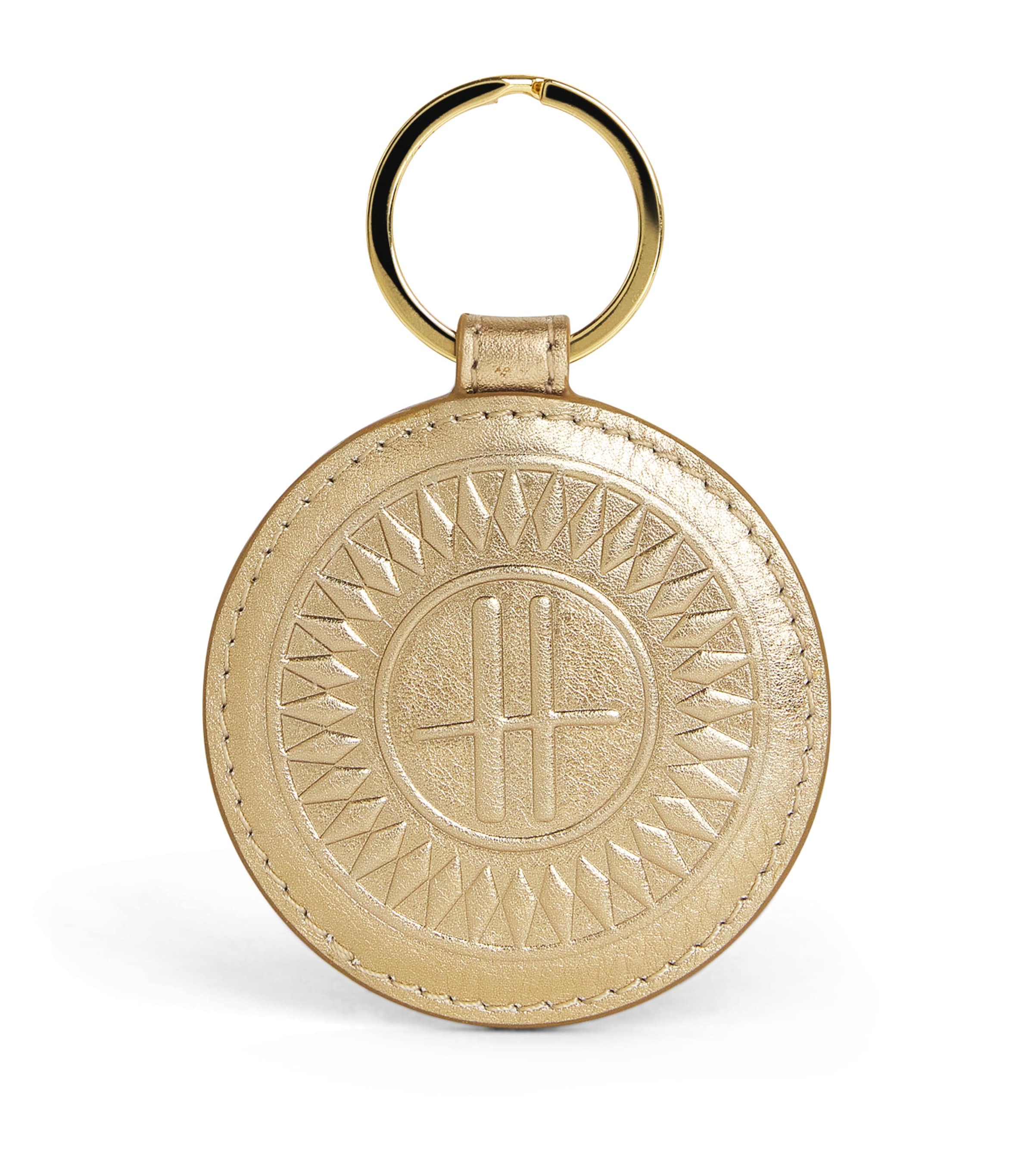 Shop Harrods Leather Metallic Circle Keyring In Gold