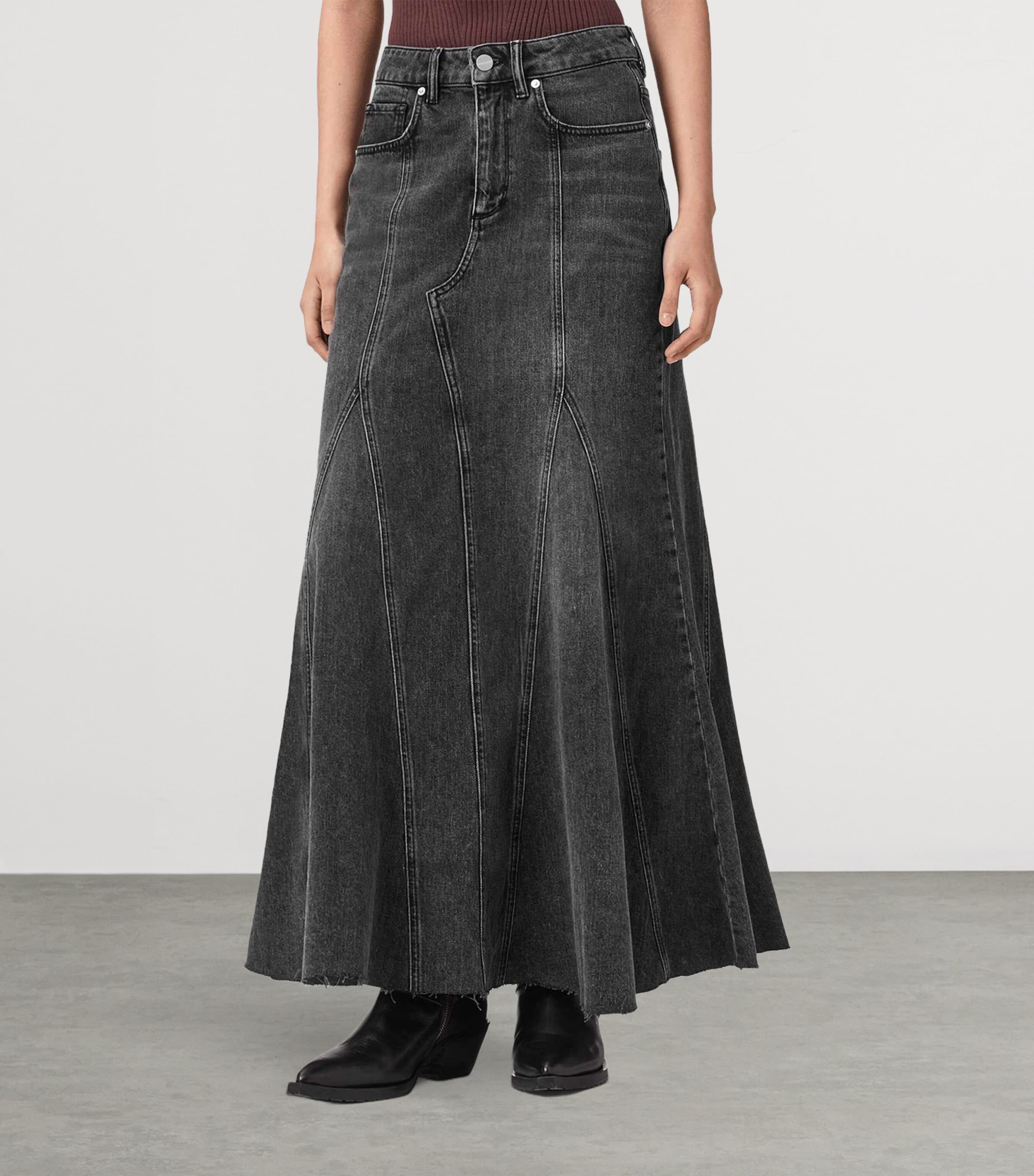 AllSaints Womens Denim Alma Maxi Skirt Washed Black Image 3
