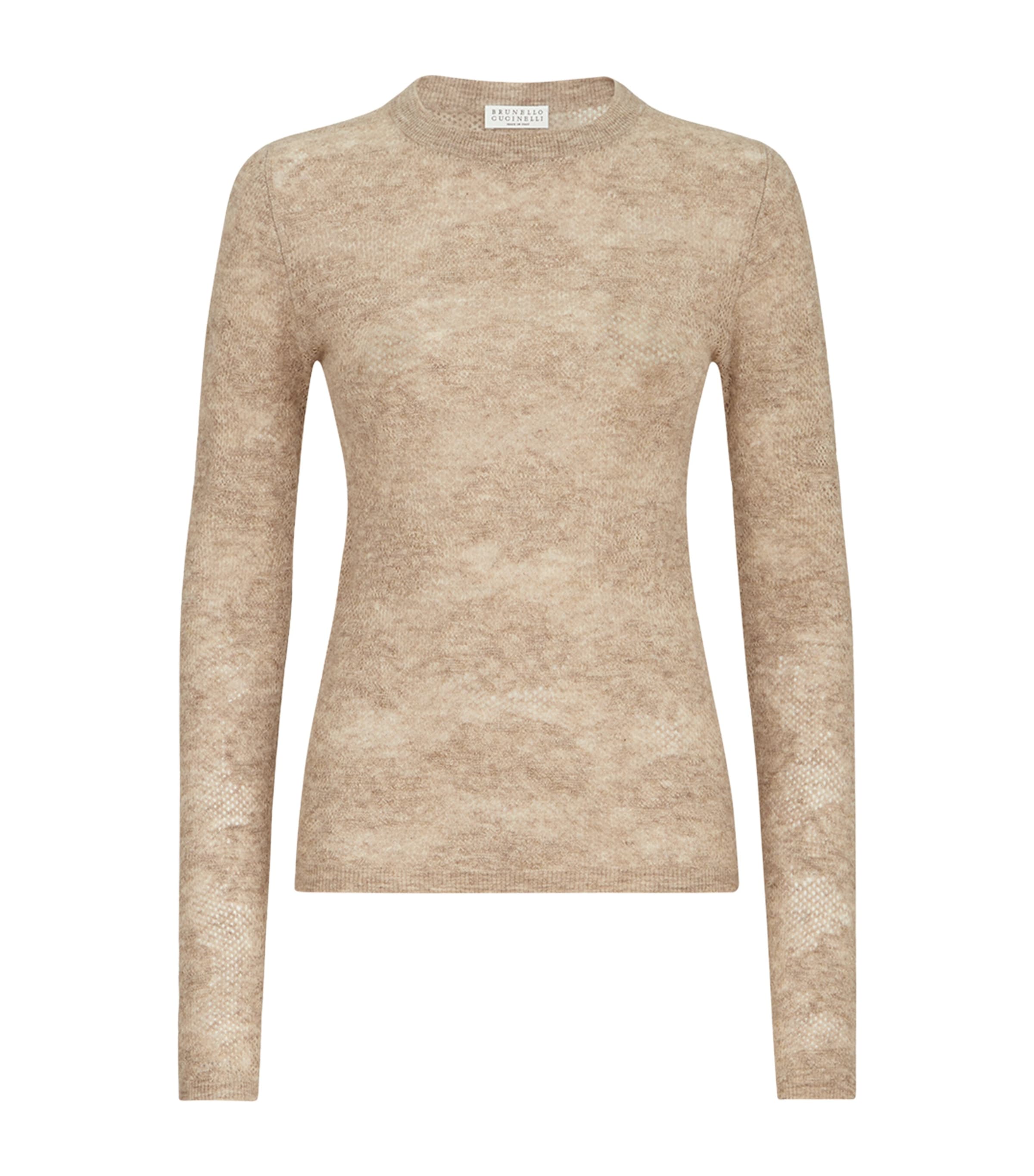 Brunello Cucinelli Womens Silk-Alpaca-Wool Lace-Detail Sweater Brown Image 1