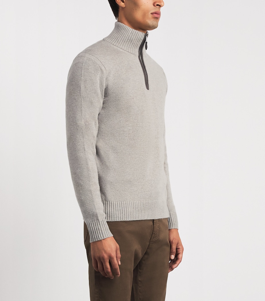Purdey Mens Cashmere Leather Trim Quarter-Zip Sweater Pigeon Image 4