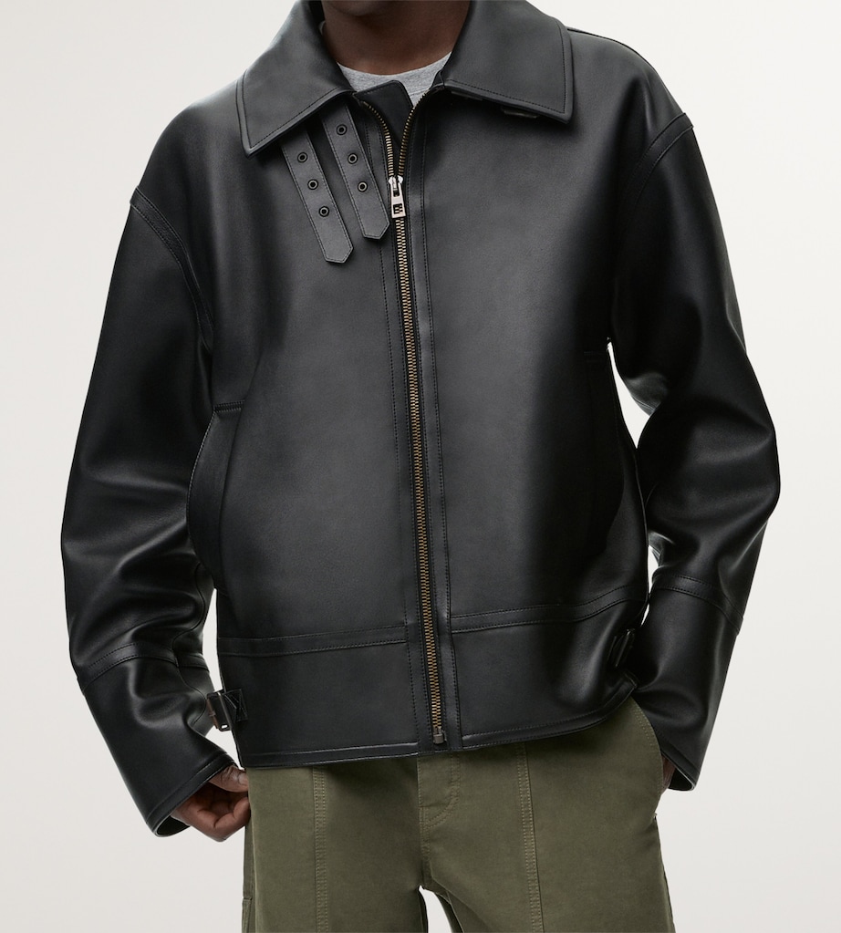 Leather Shearling-Collar Aviator Jacket BLACK Image 5