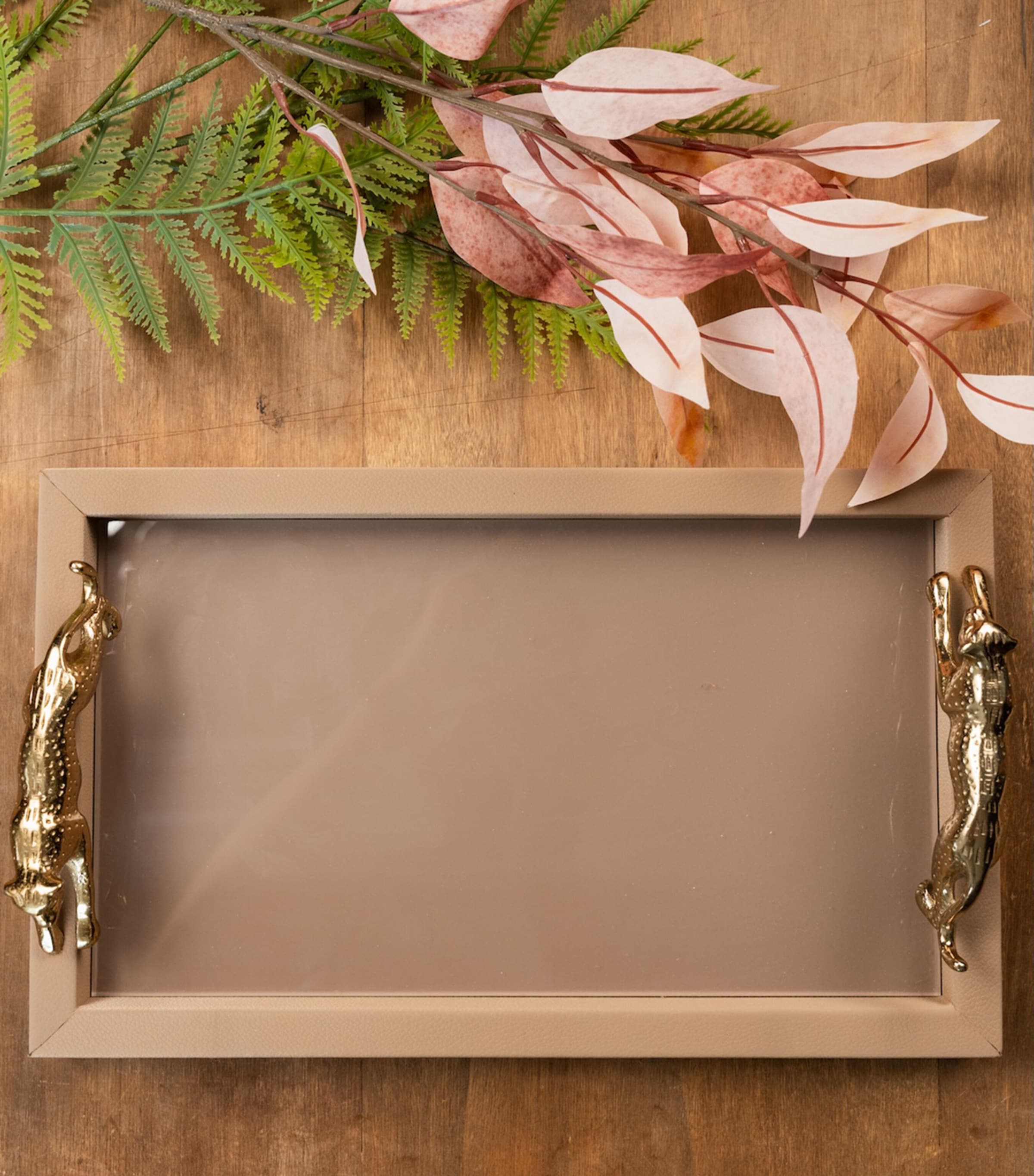 Les-Ottomans Leather and Brass Leopard Tray (37cm x  23cm) Beige Image 3