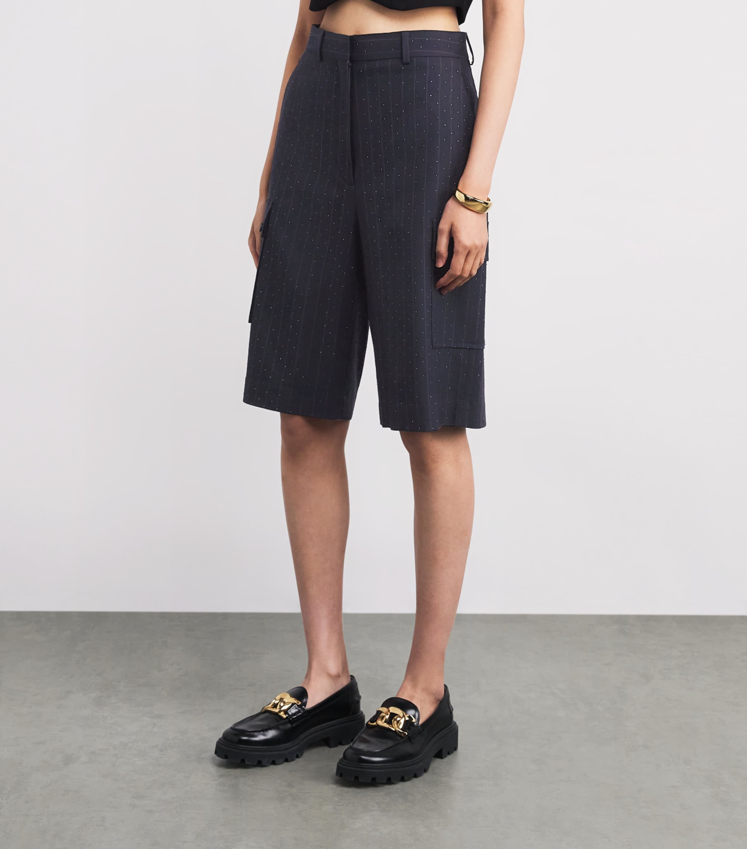 Embellished Wide-Leg Tailored Shorts NAVY BLUE Image 3