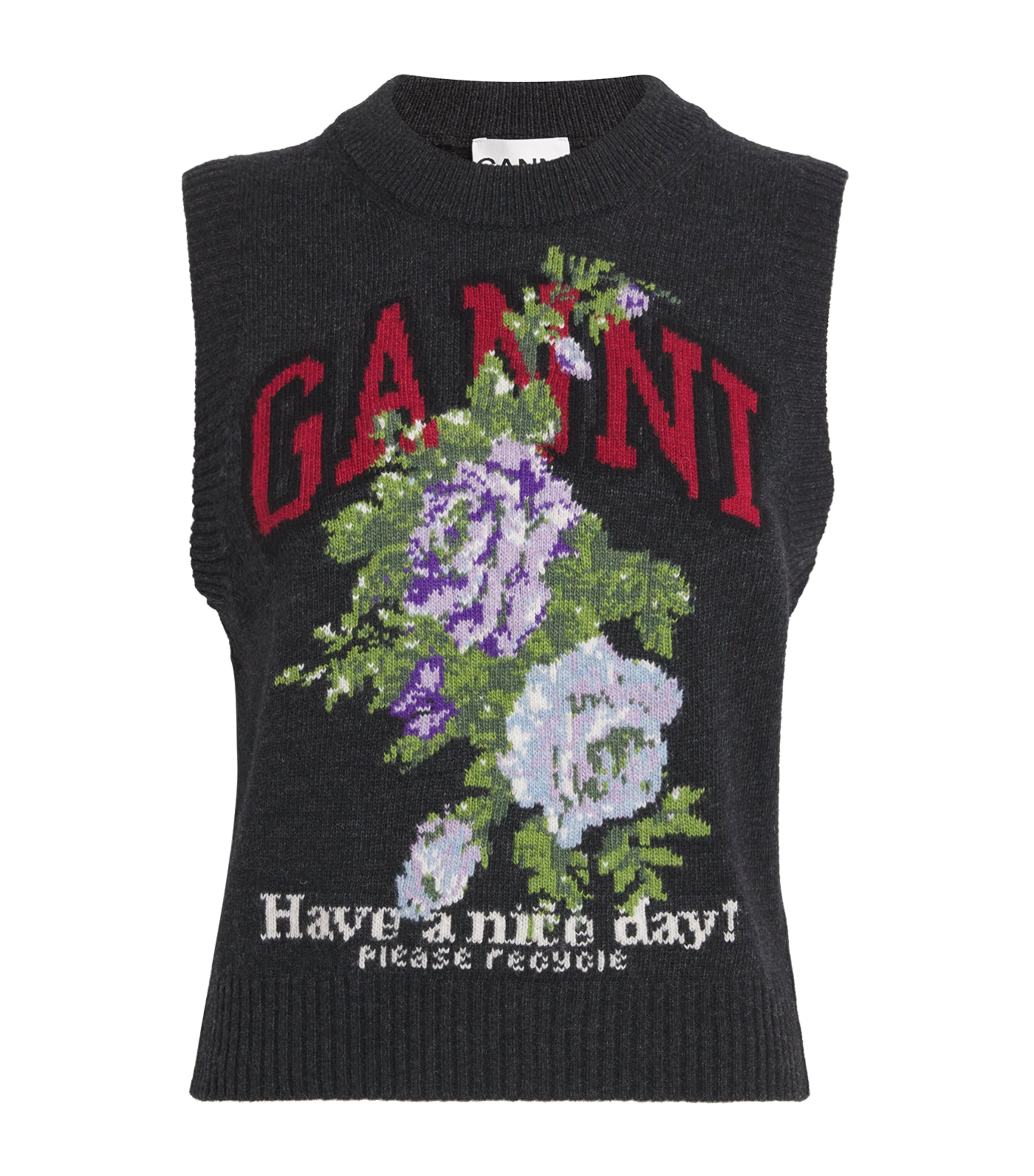 Ganni Wool Jacquard Flowers Sweater Vest In Black