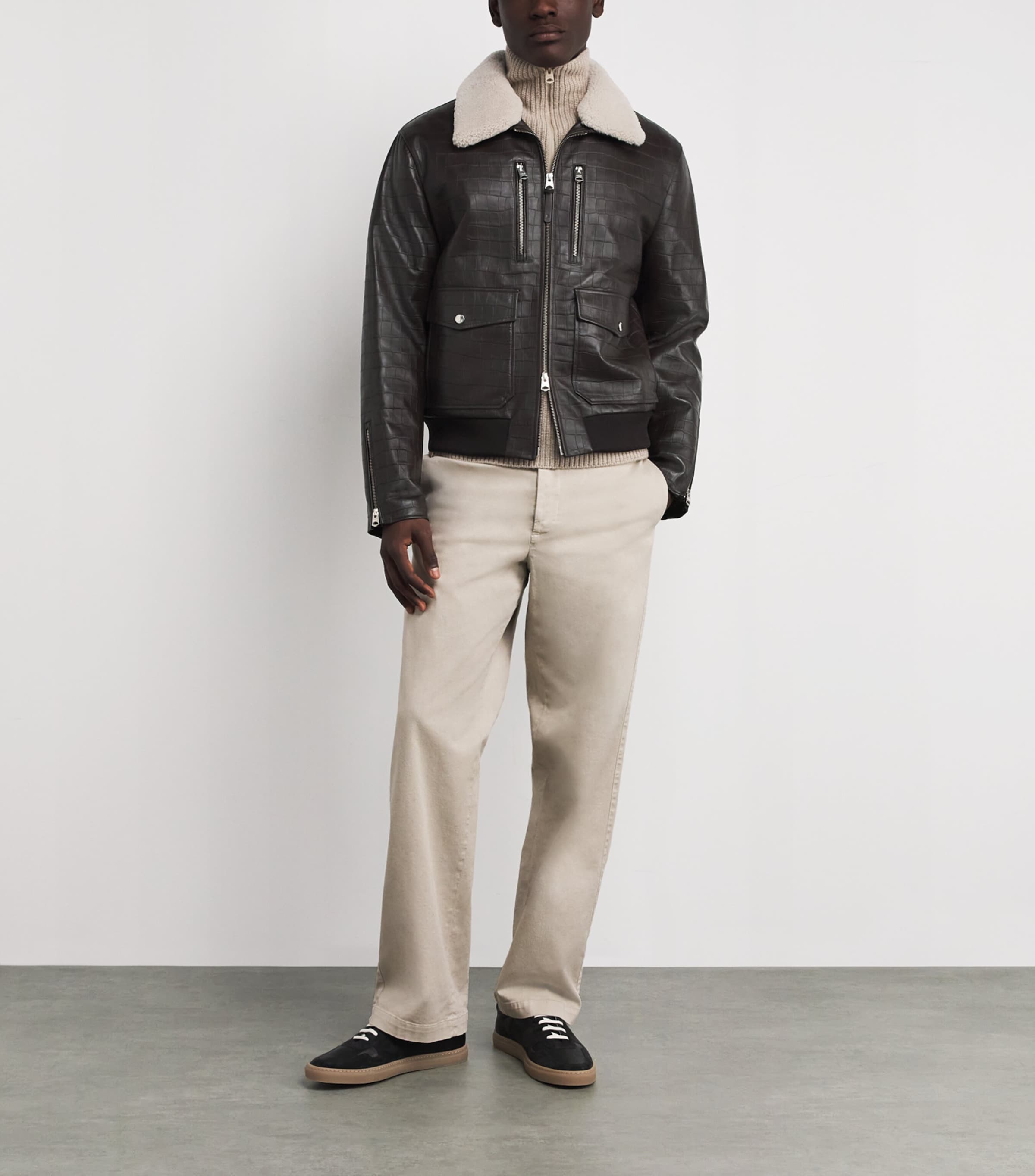 Embossed-Leather Chance-NV Bomber Jacket COFFEE A Image 2