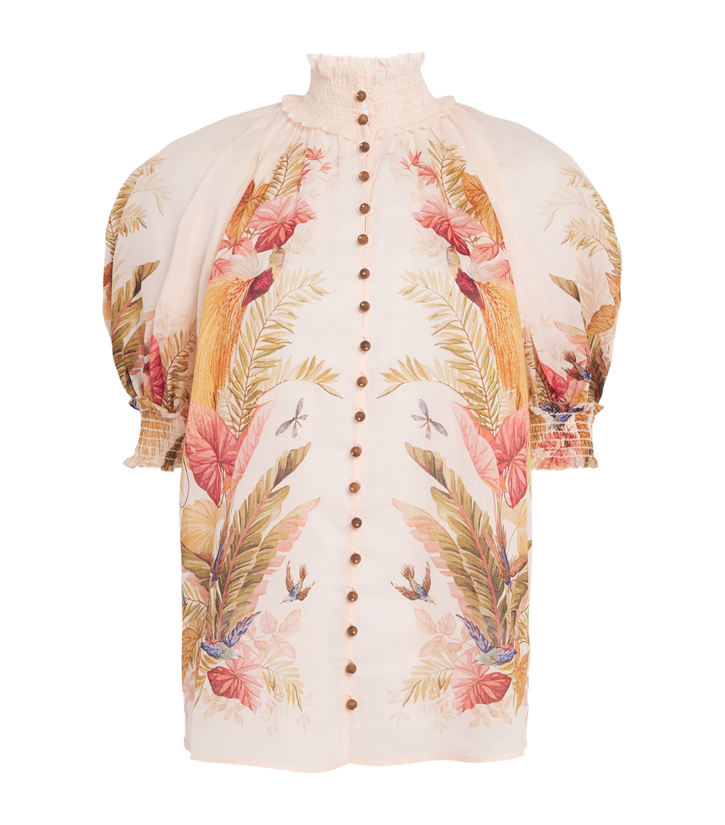 Zimmermann Ascension Embellished Shirred Floral-print Ramie Blouse In Multi