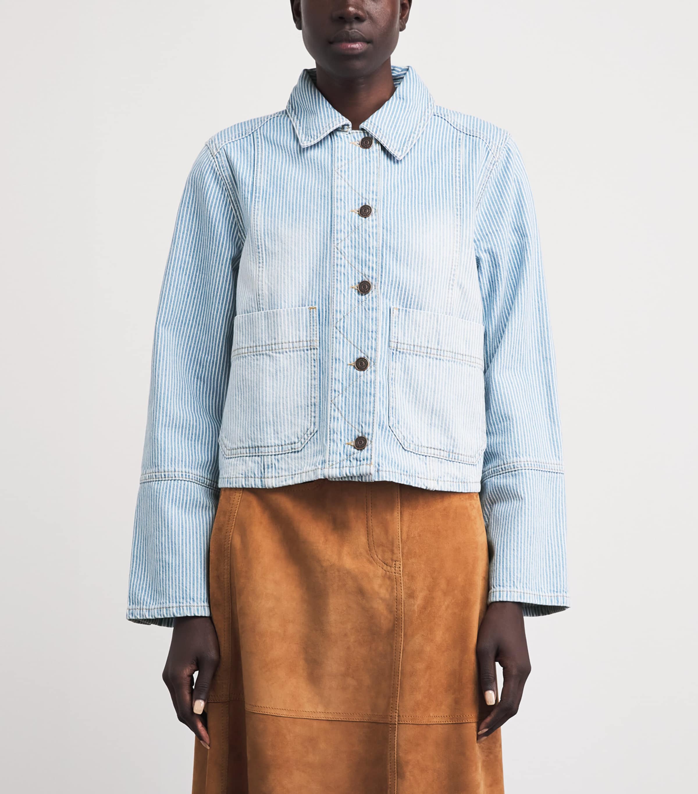 ME+EM Womens Stripe Cropped Denim Jacket Ecru/indigo Wash Image 4