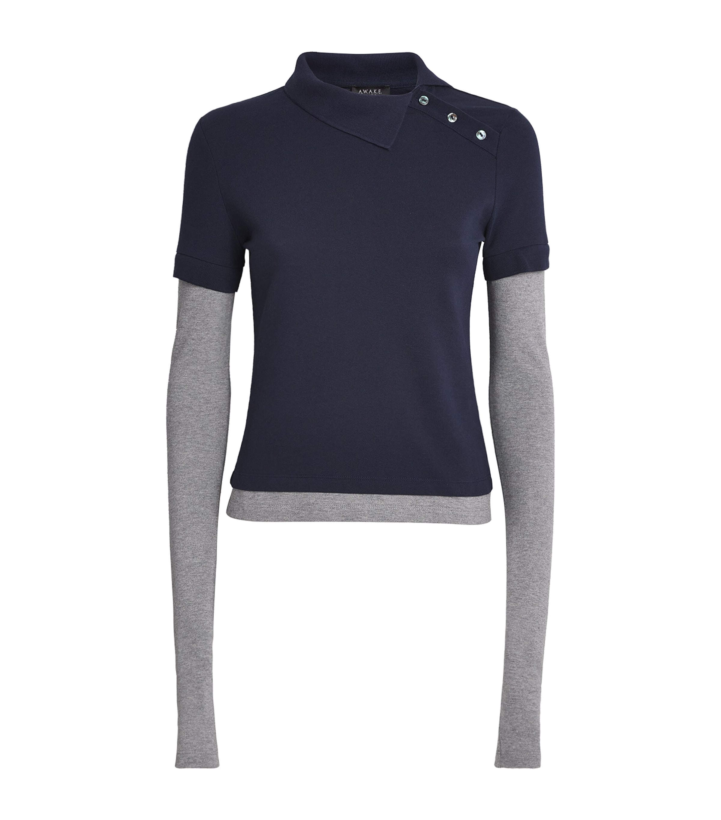 A.W.A.K.E. Mode Womens Cotton Asymmetric Double Polo Shirt Navy / Grey Image 1