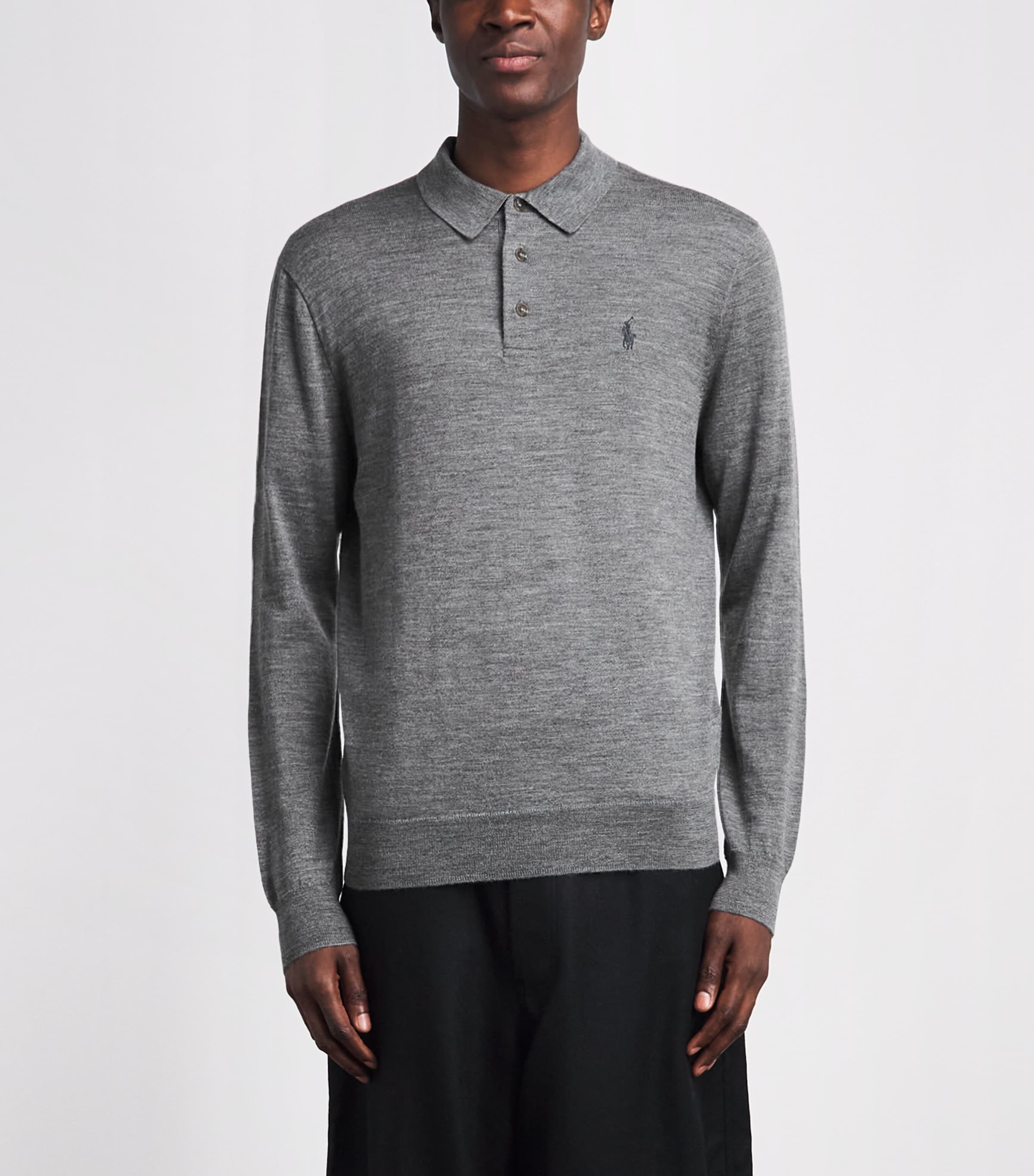Polo Ralph Lauren Mens Merino Wool Polo Pony Long-Sleeve Polo Shirt Fawn Grey Heather Image 4