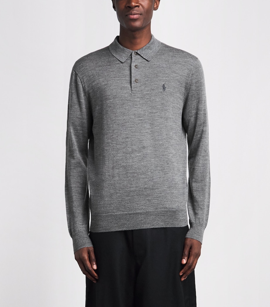 Polo Ralph Lauren Mens Merino Wool Polo Pony Long-Sleeve Polo Shirt Fawn Grey Heather Image 4