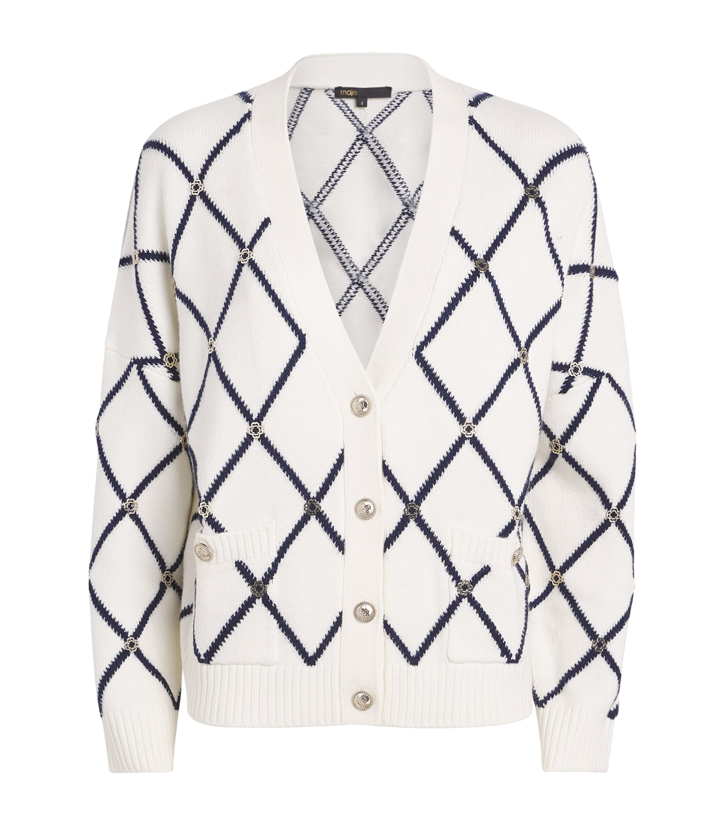 Maje Moove Diamond-pattern Logo-embellished Knitted Cardigan In White