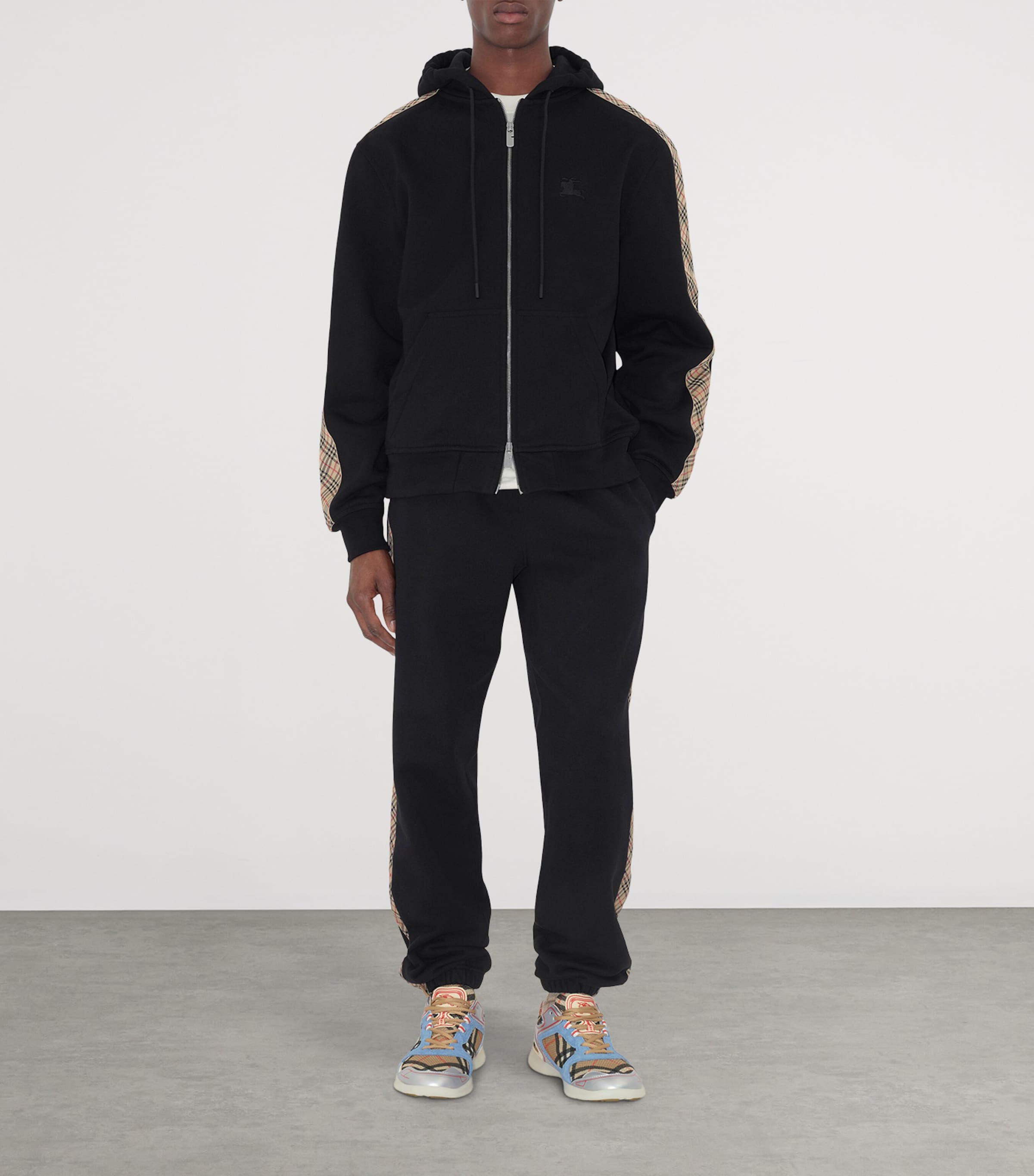 Burberry Black Cotton Check-Trim Zip Hoodie | Harrods US