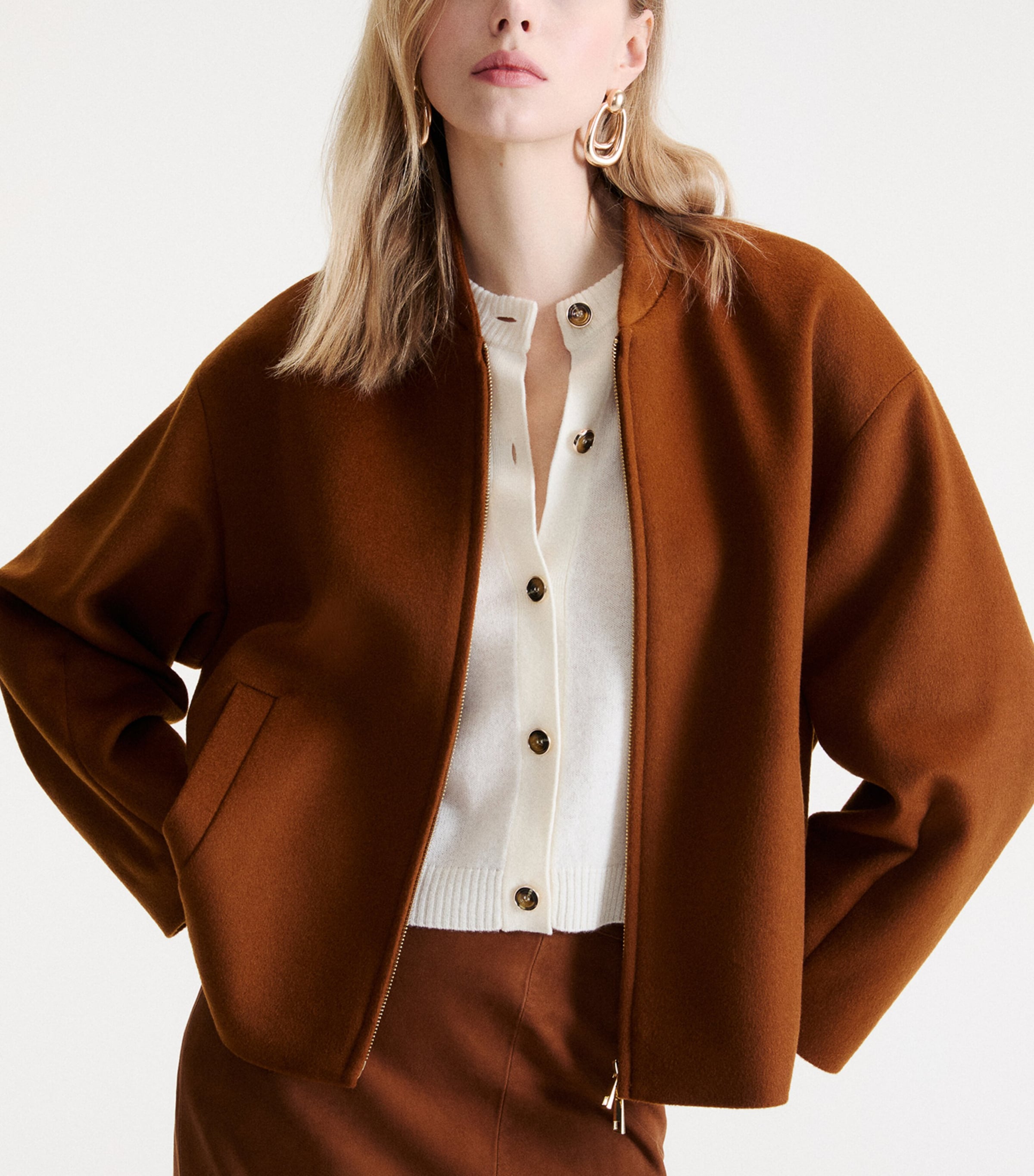 Marella Womens Virgin Wool-Cashmere Bomber Jacket Cognac Image 5