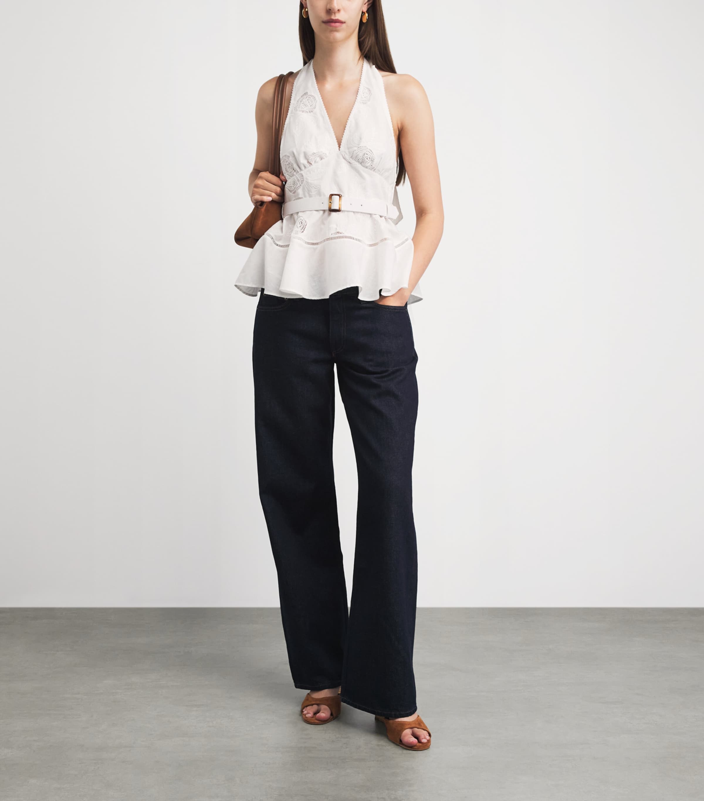 Self-Portrait Womens Linen-Cotton Peplum Top White Image 2