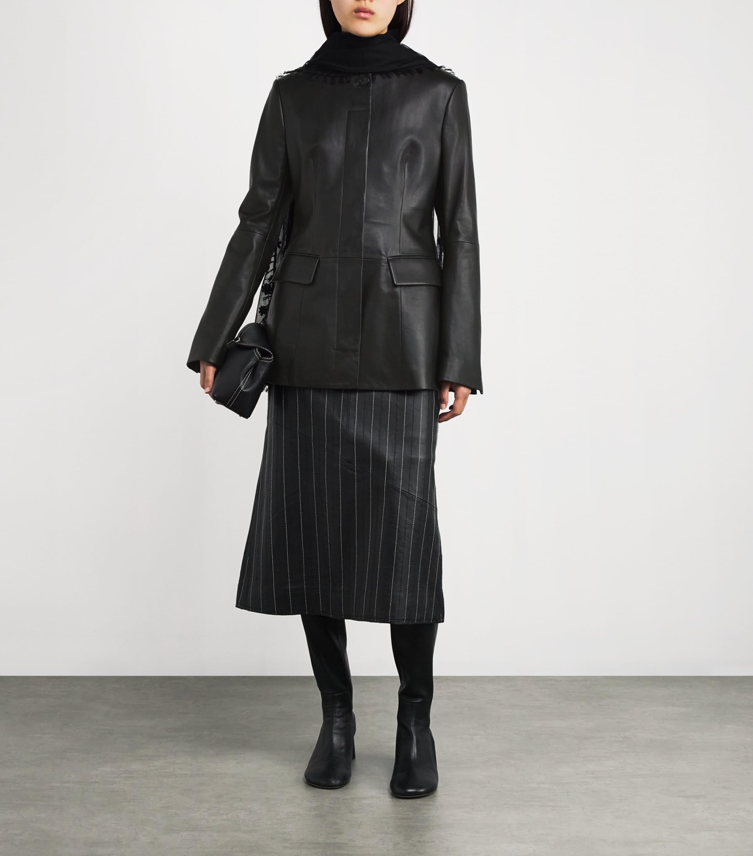 Collarless Leather Jacket 001 BLACK Image 2