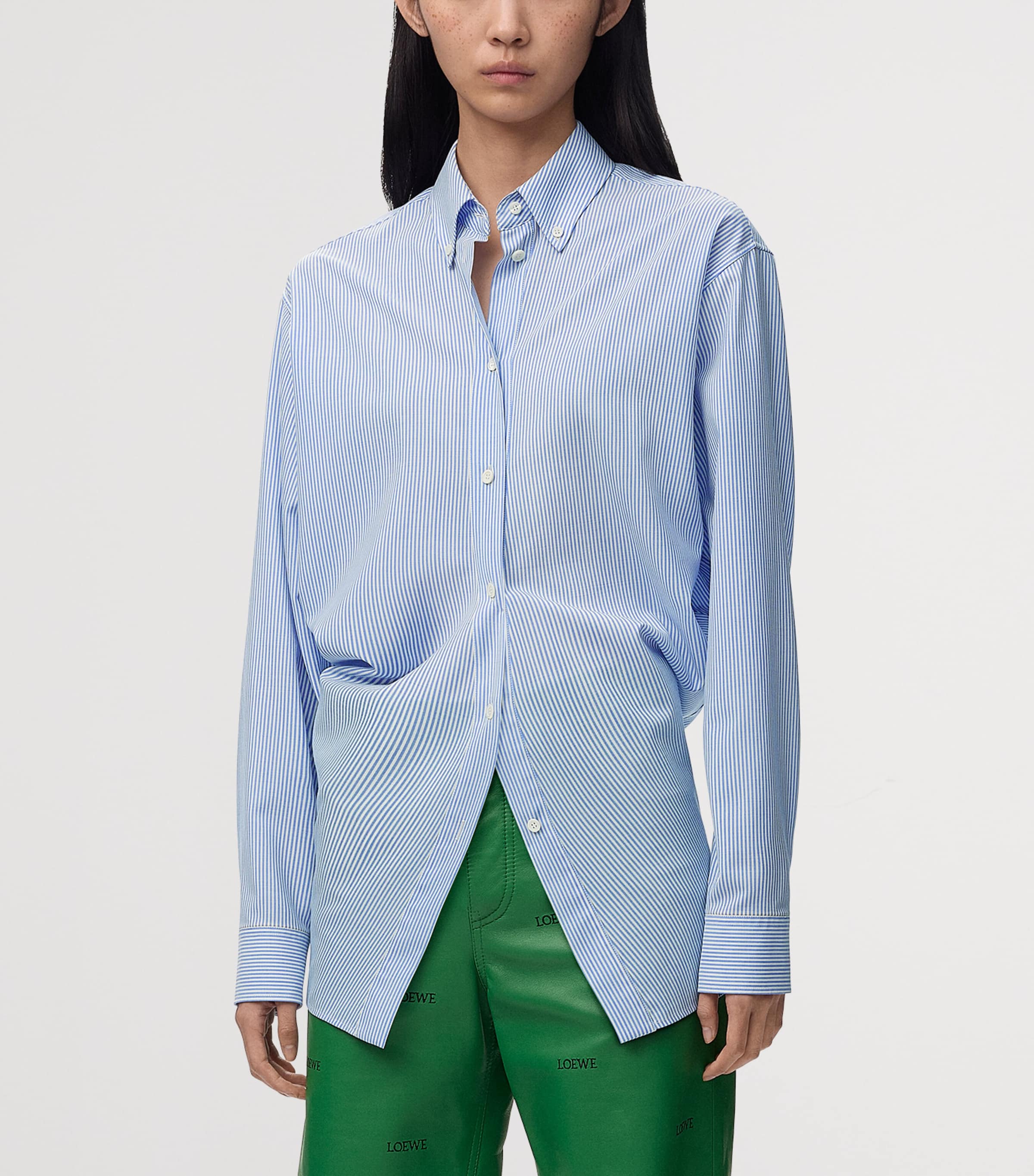 LOEWE Womens Wool Stripe Longline Shirt Blue/white Image 3