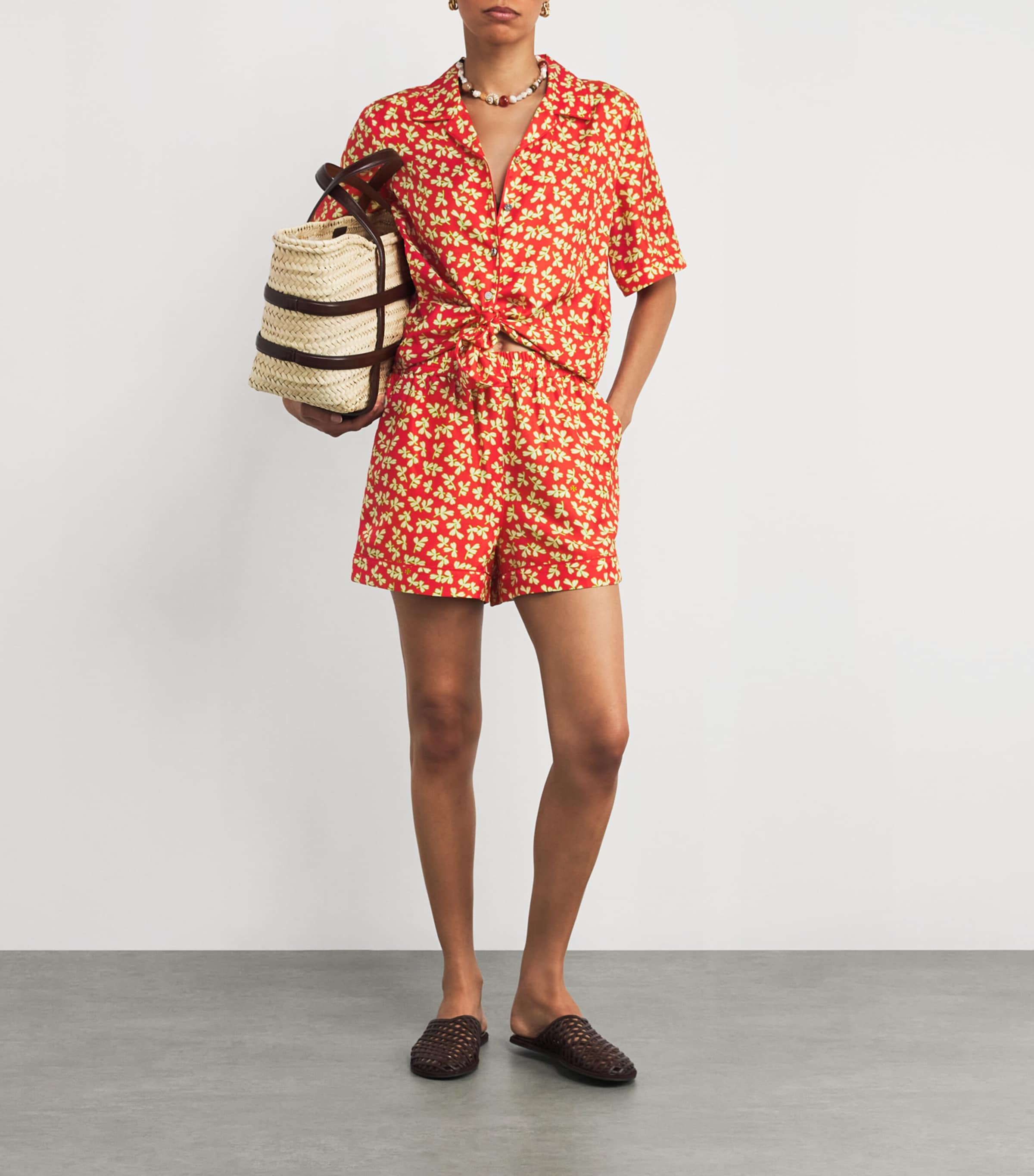 Silk Leaf Print Shorts RED LITTLE LEAVES Image 2