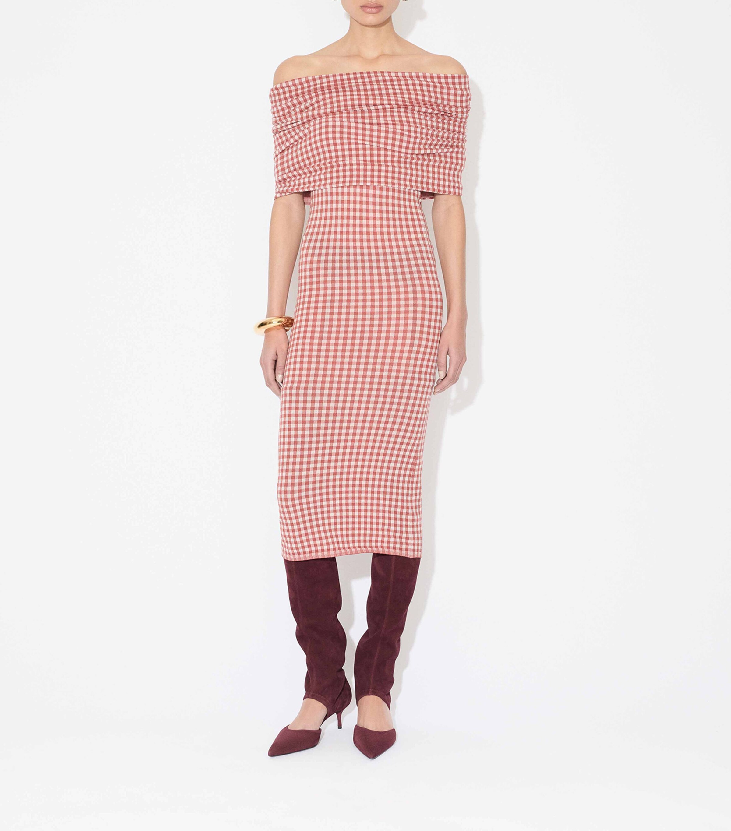 Alaa Brown Gingham Off-the-Shoulder Midi Dress | Harrods US