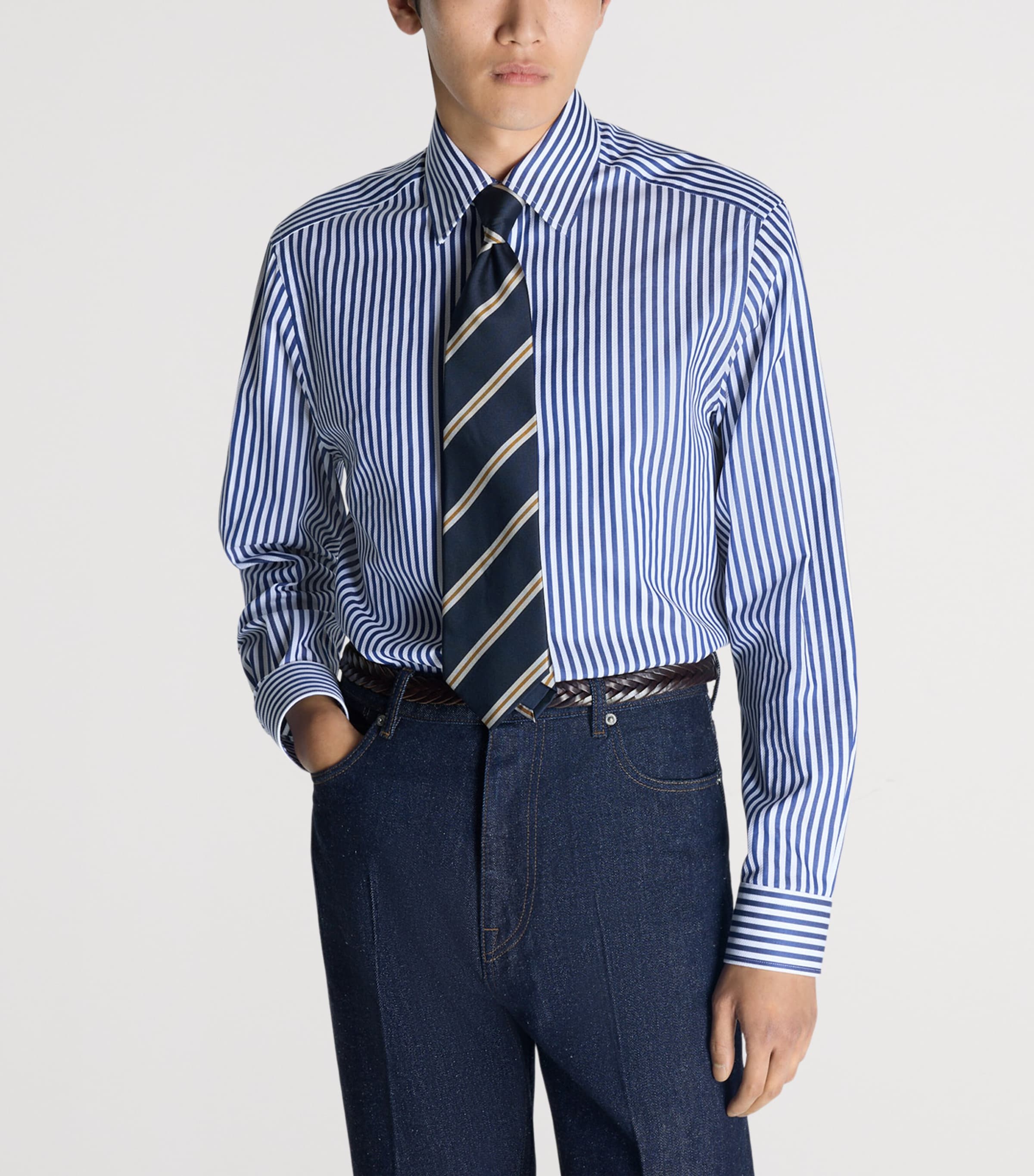 Dunhill Mens Giza Cotton Stripe Formal Shirt White Image 3