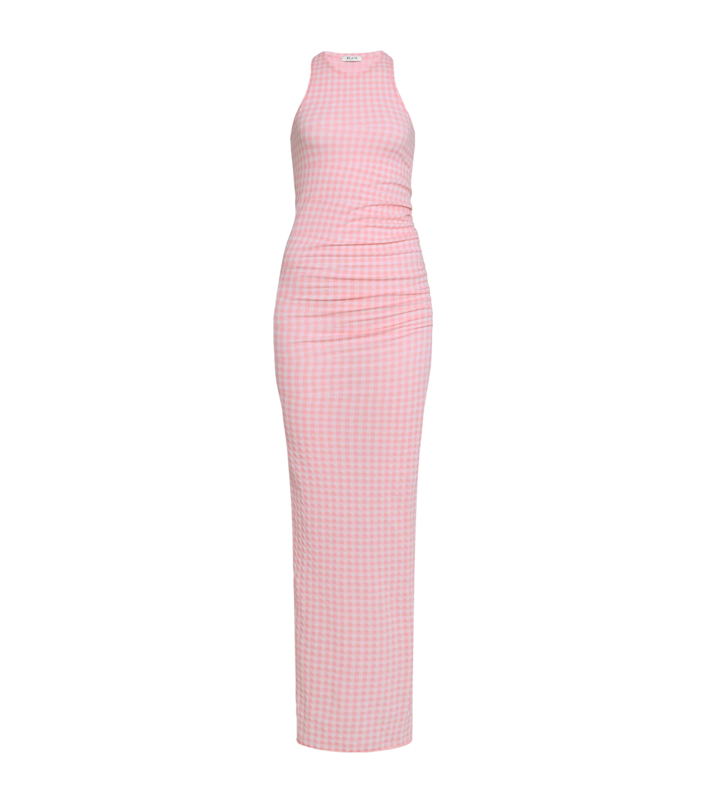 Alaïa Gingham Bodycon Maxi Dress In Beige