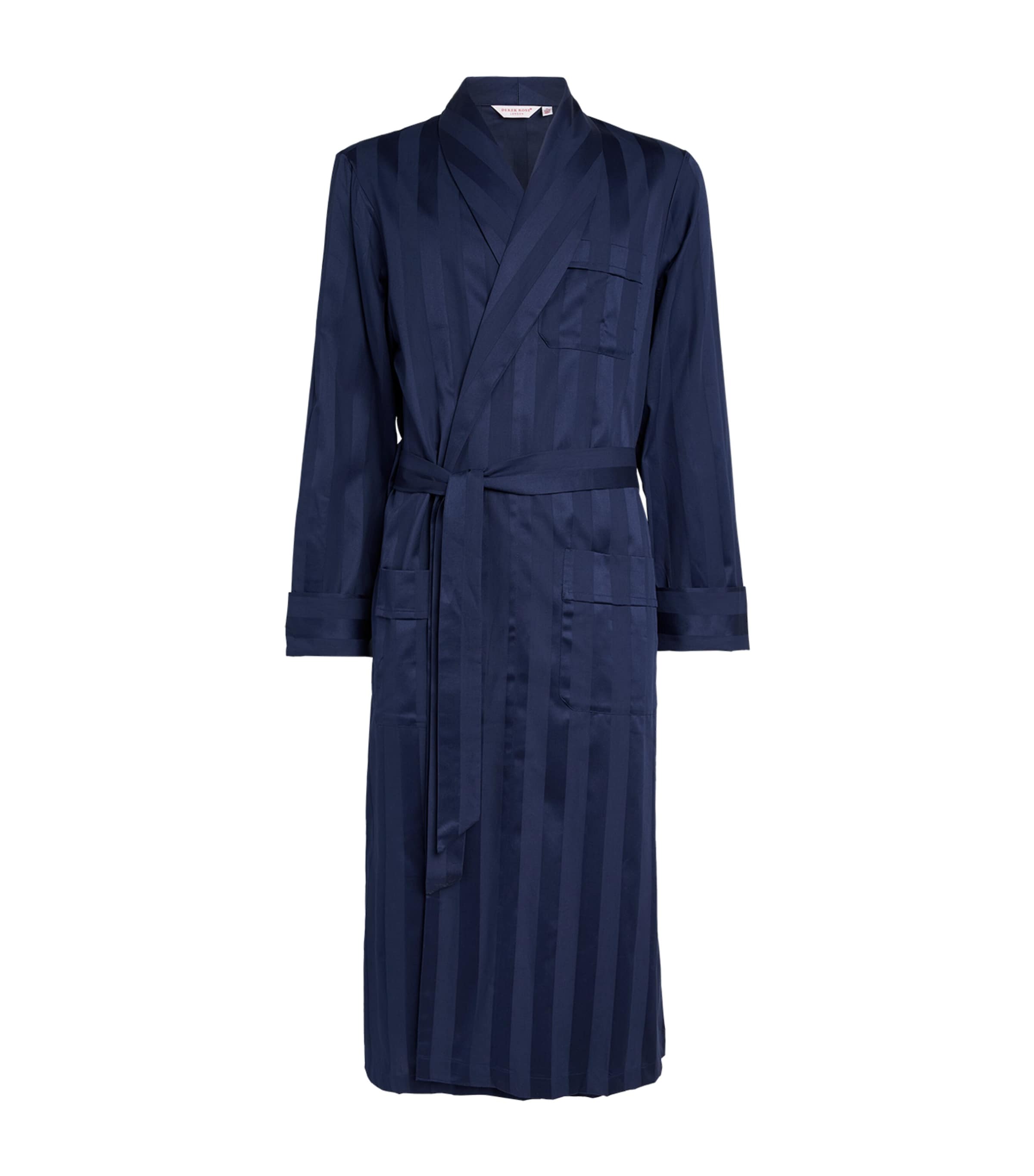Derek Rose Lingfield Satin-striped Cotton Robe In Navy