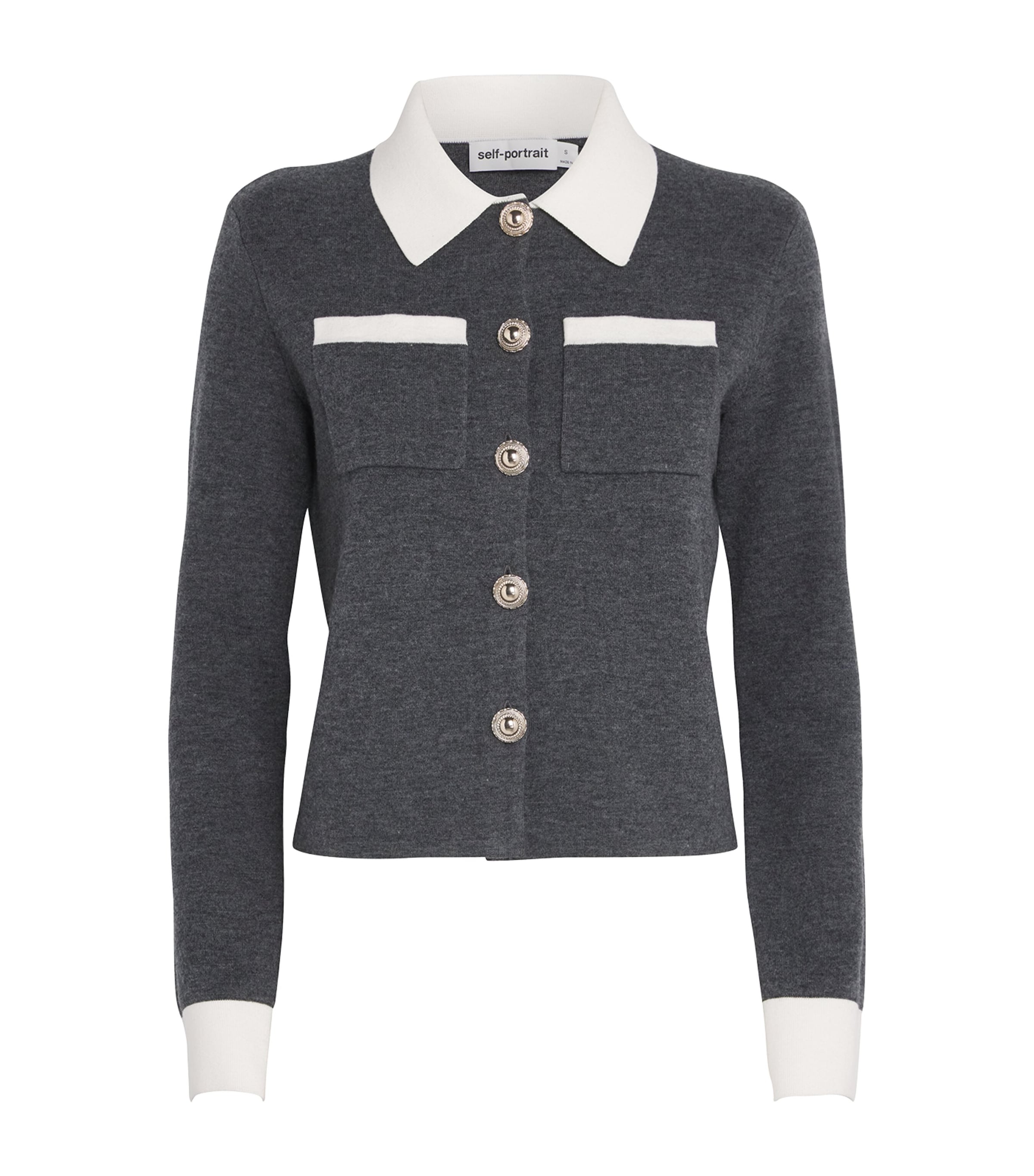 Self-portrait Self Portrait Women Wool Blend Cardigan With Contrasting Collar In Gray