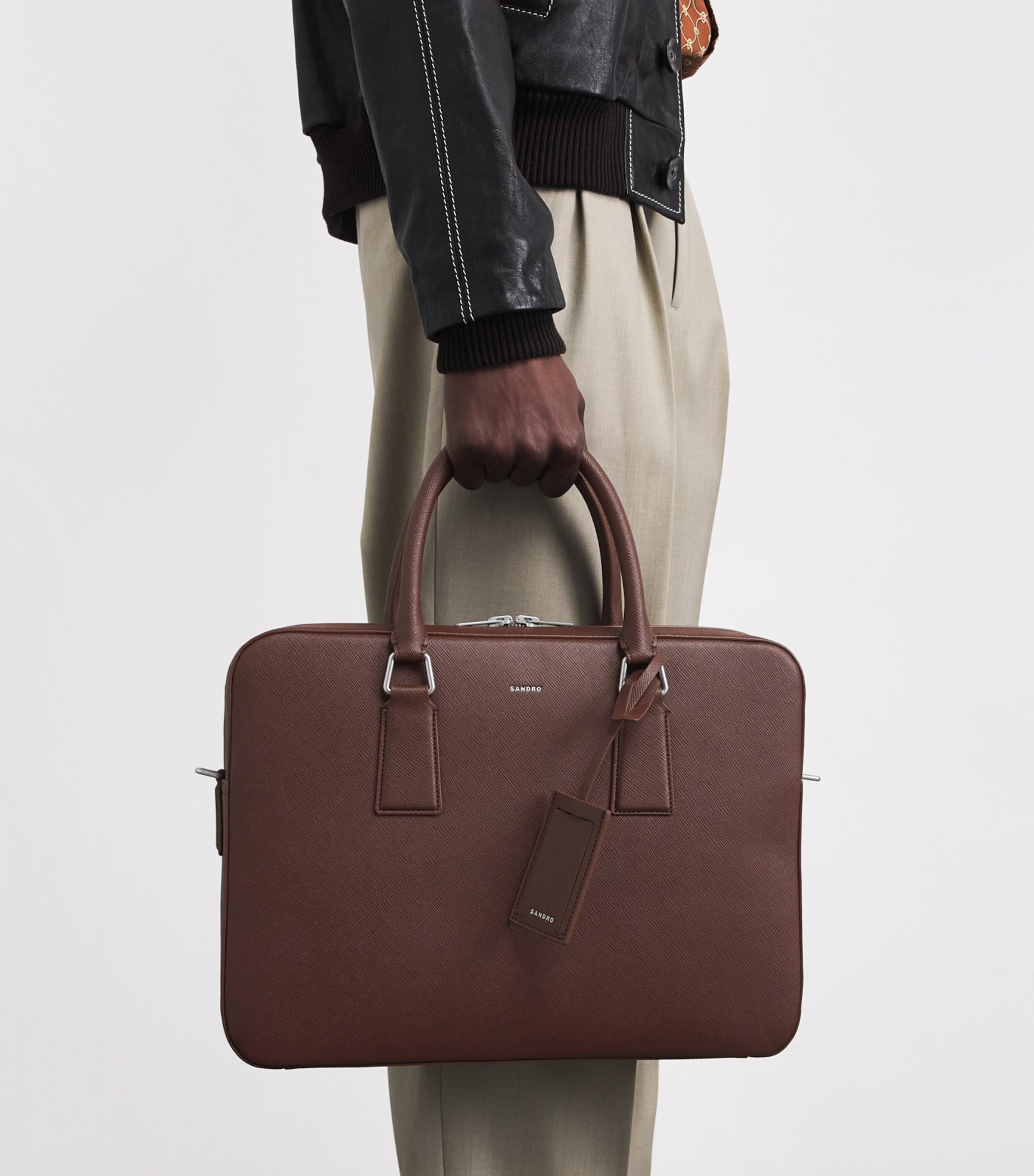 Sandro Paris Leather Slim Briefcase Cognac Image 4