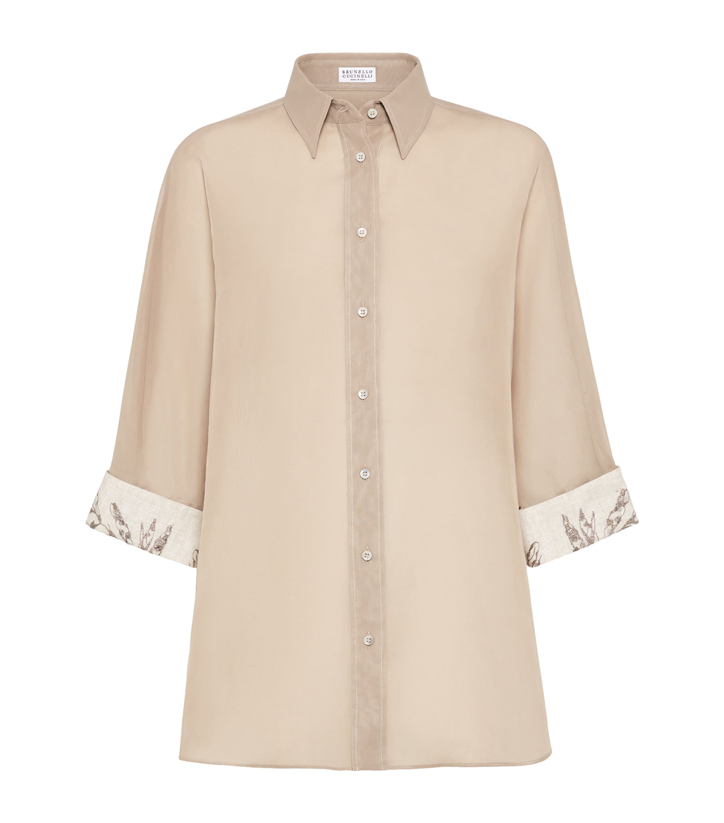 Brunello Cucinelli Women Cotton Organza Shirt With Glistening Flora Embroidery In Brown