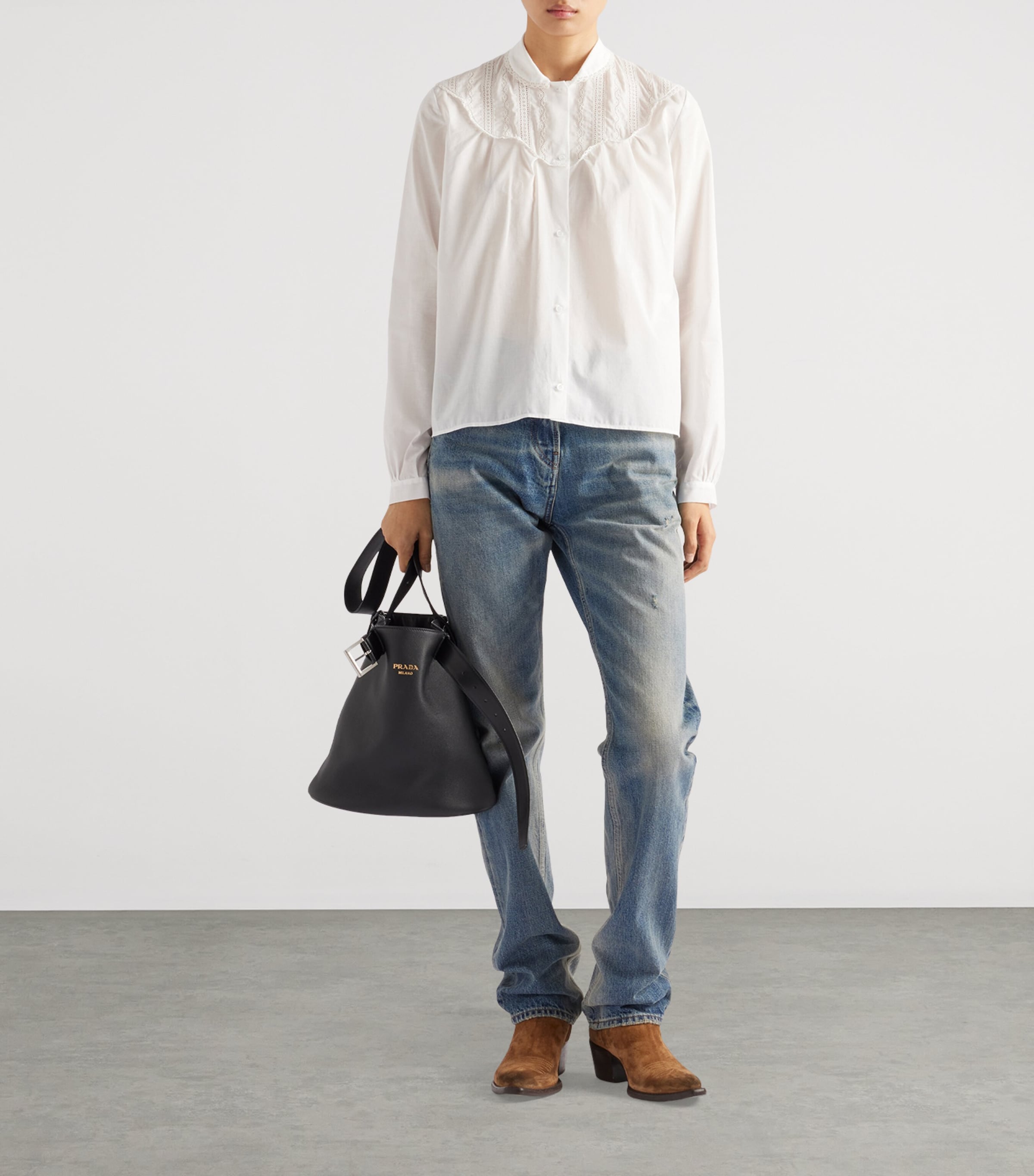 Prada Womens Distressed Low-Rise Straight Jeans Image 2