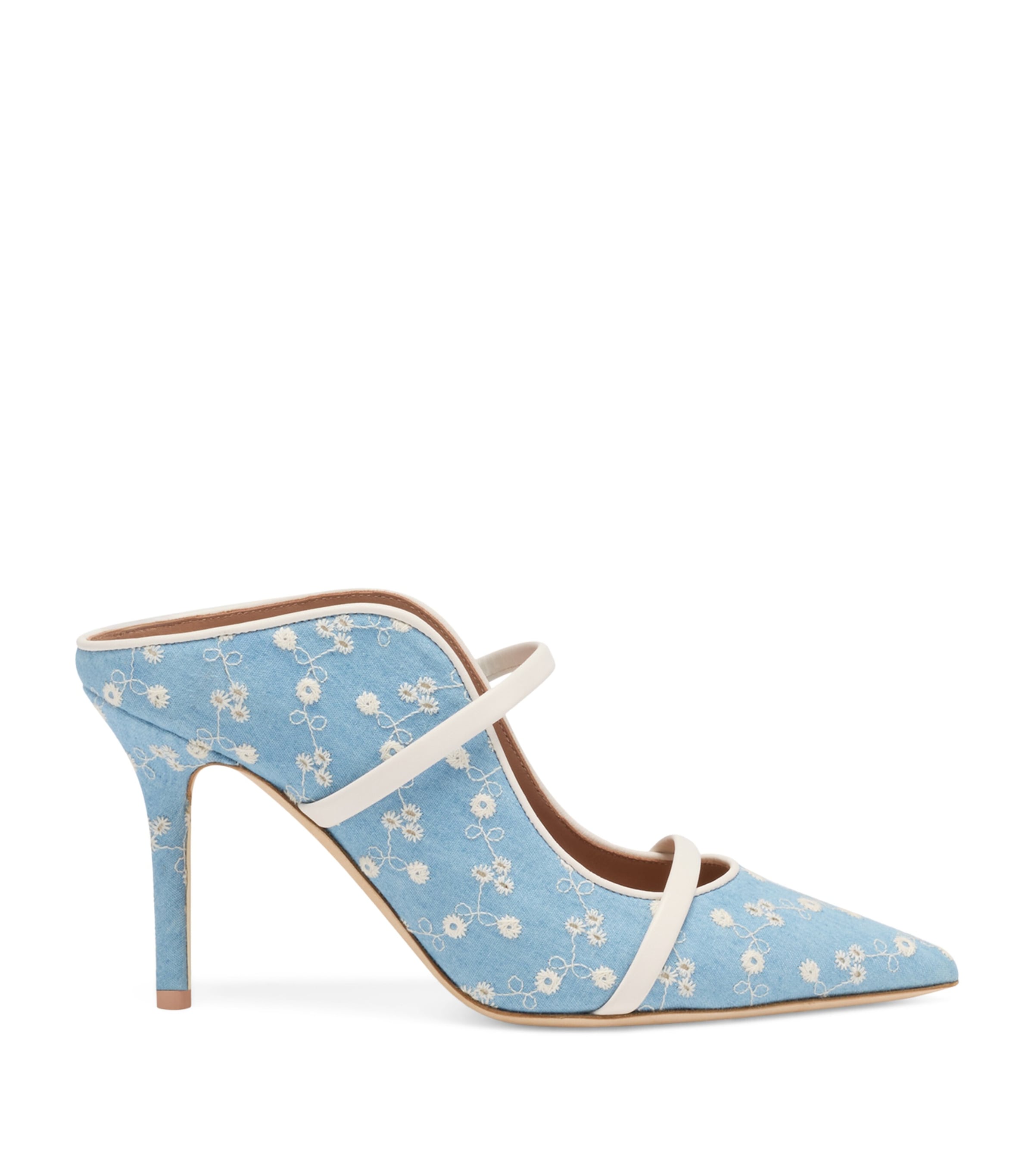 Malone Souliers Denim Floral Maureen Heeled Mules 85 Blue Image 1