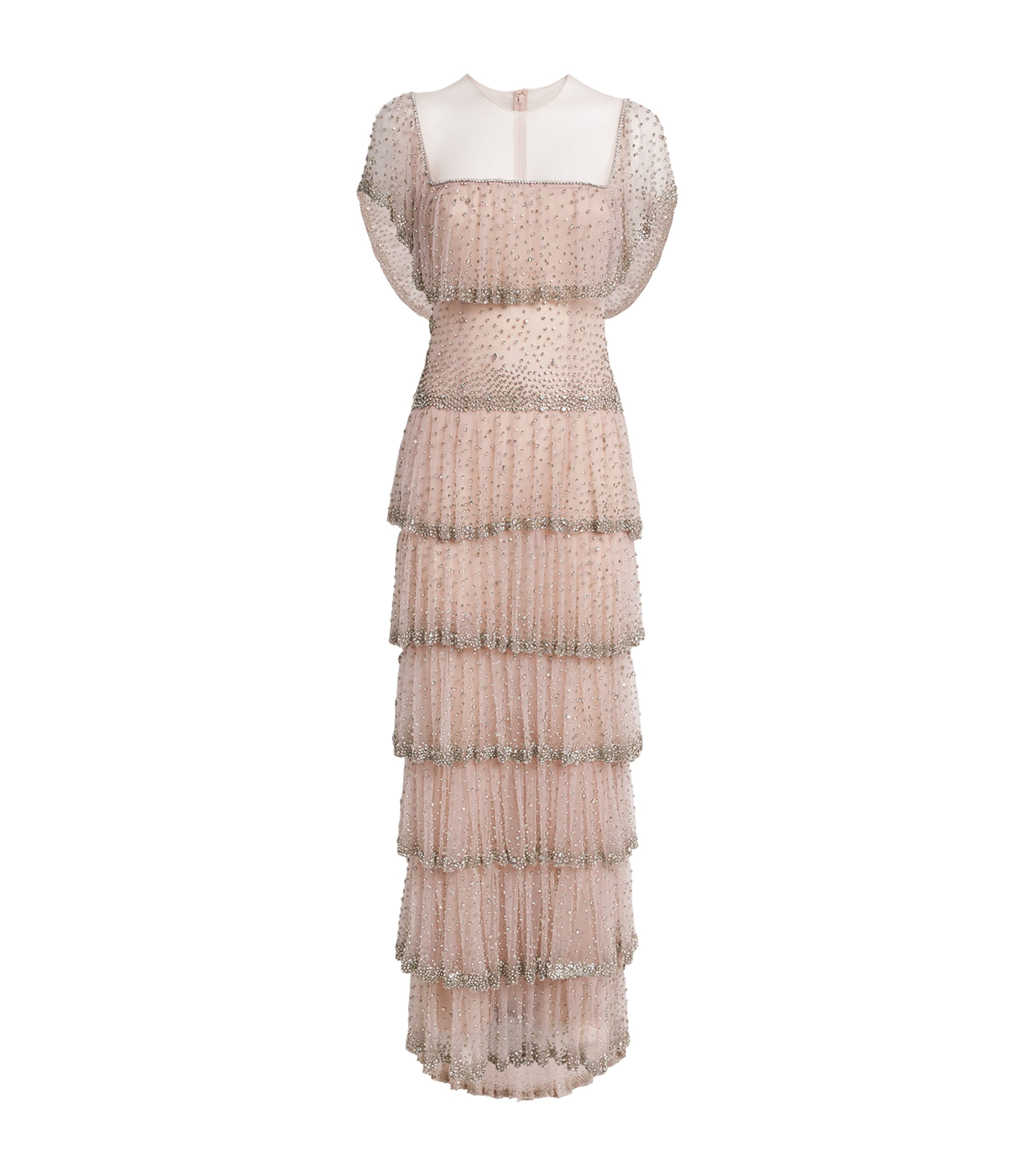Costarellos Crystal Tiered Jesenia Gown In Pink