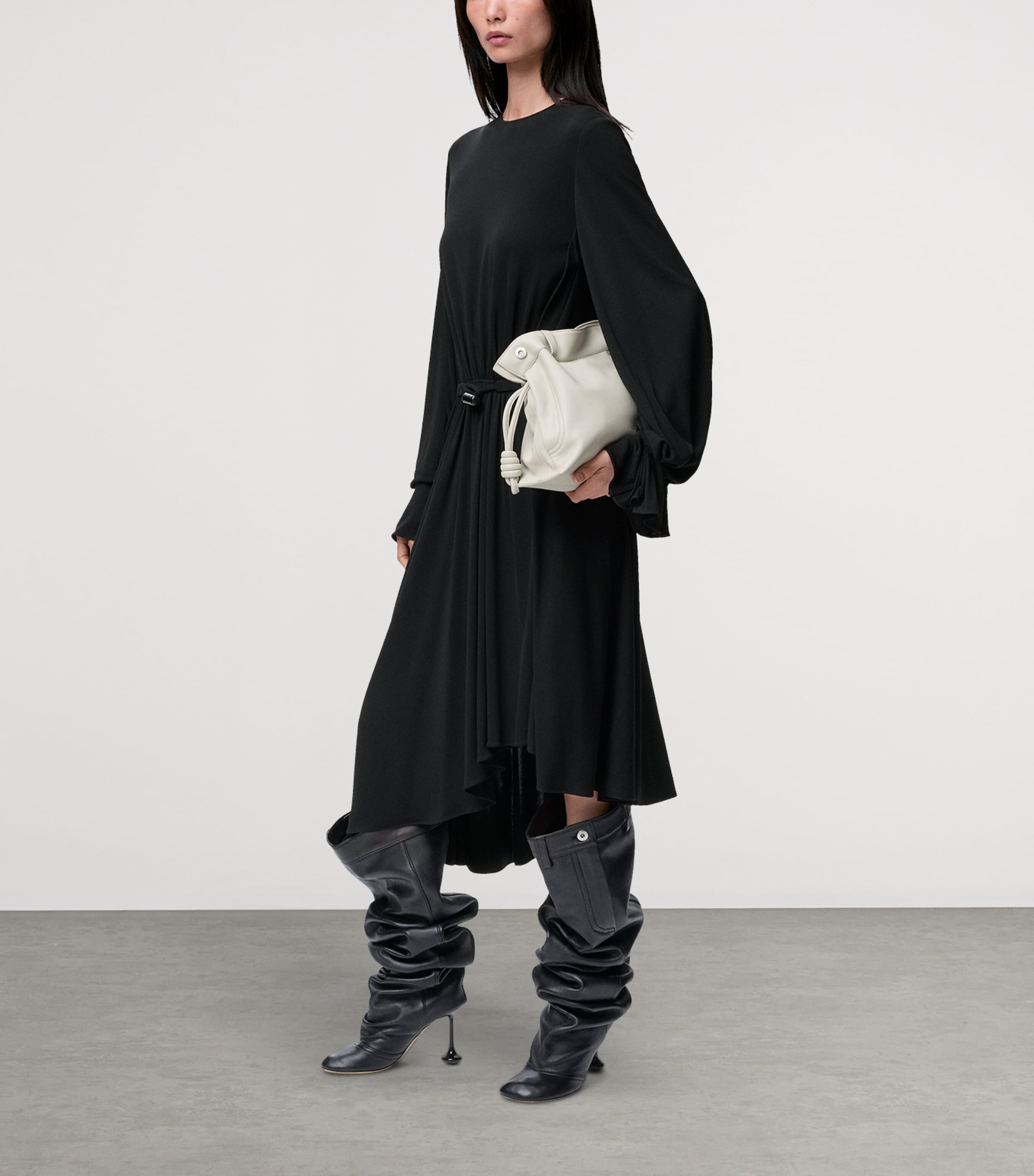 Draped Asymmetric Midi Dress BLACK Image 2