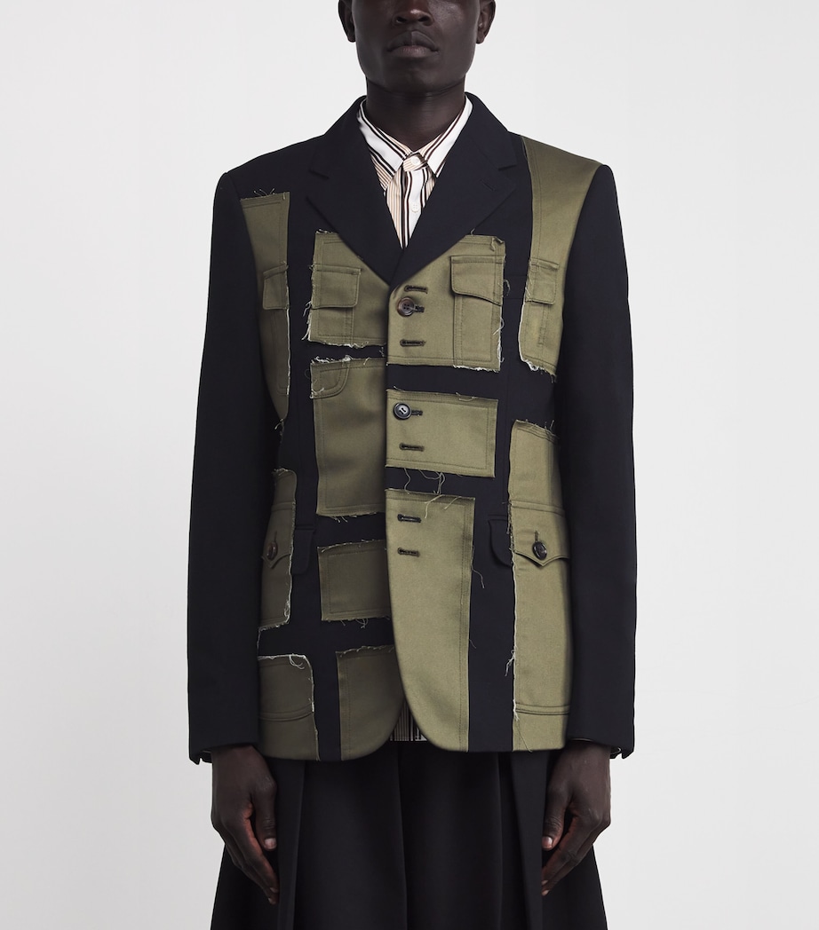 Wool Patchwork Blazer BLACK X KHAKI Image 3