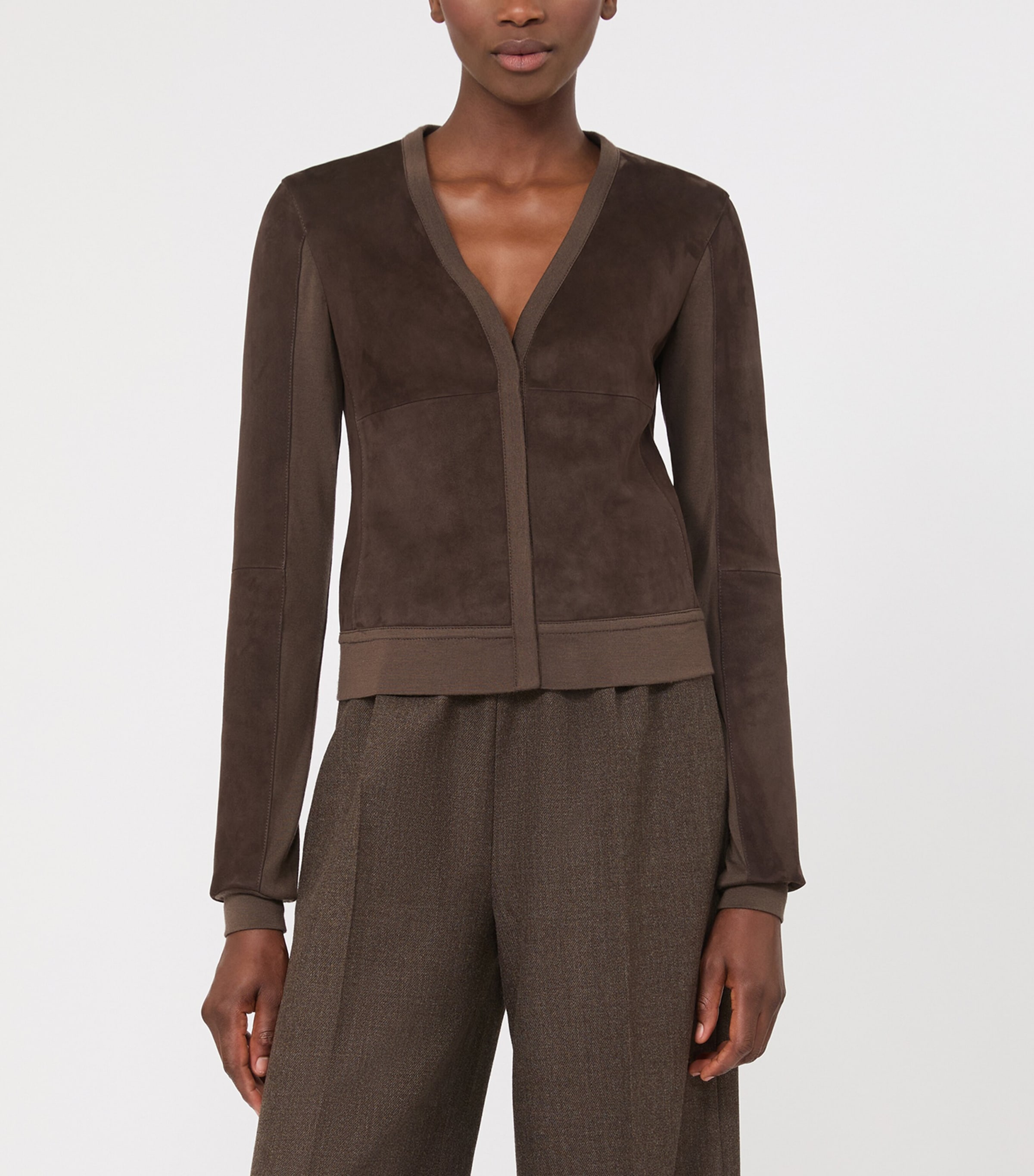 Max Mara Womens Suede V-Neck Jacket Mud Image 2