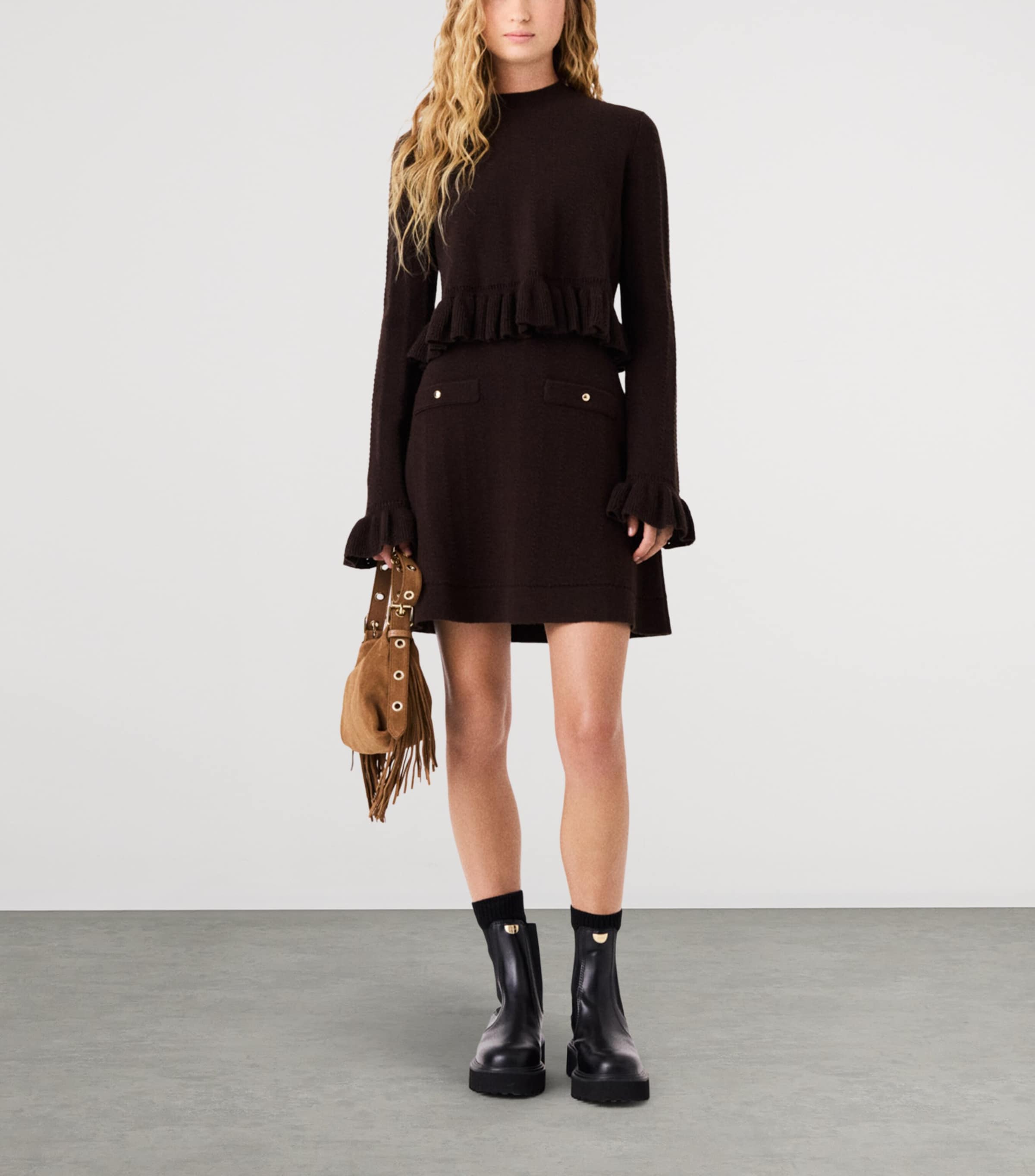 Maje Womens Cable-Knit Mini Dress Dark Brown Image 2