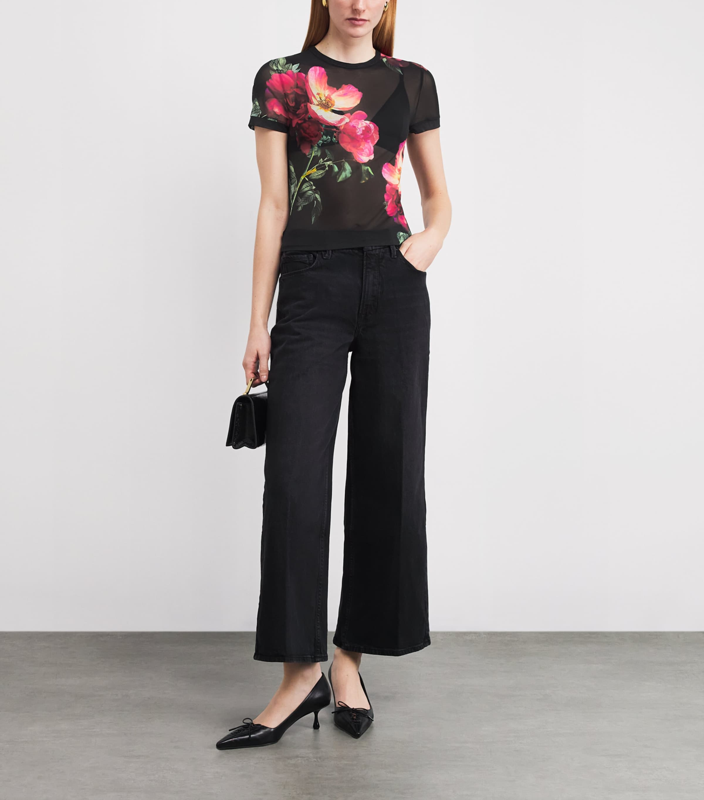 Alice+Olivia Womens Mesh Floral Tess T-Shirt Strngth Blck Image 2