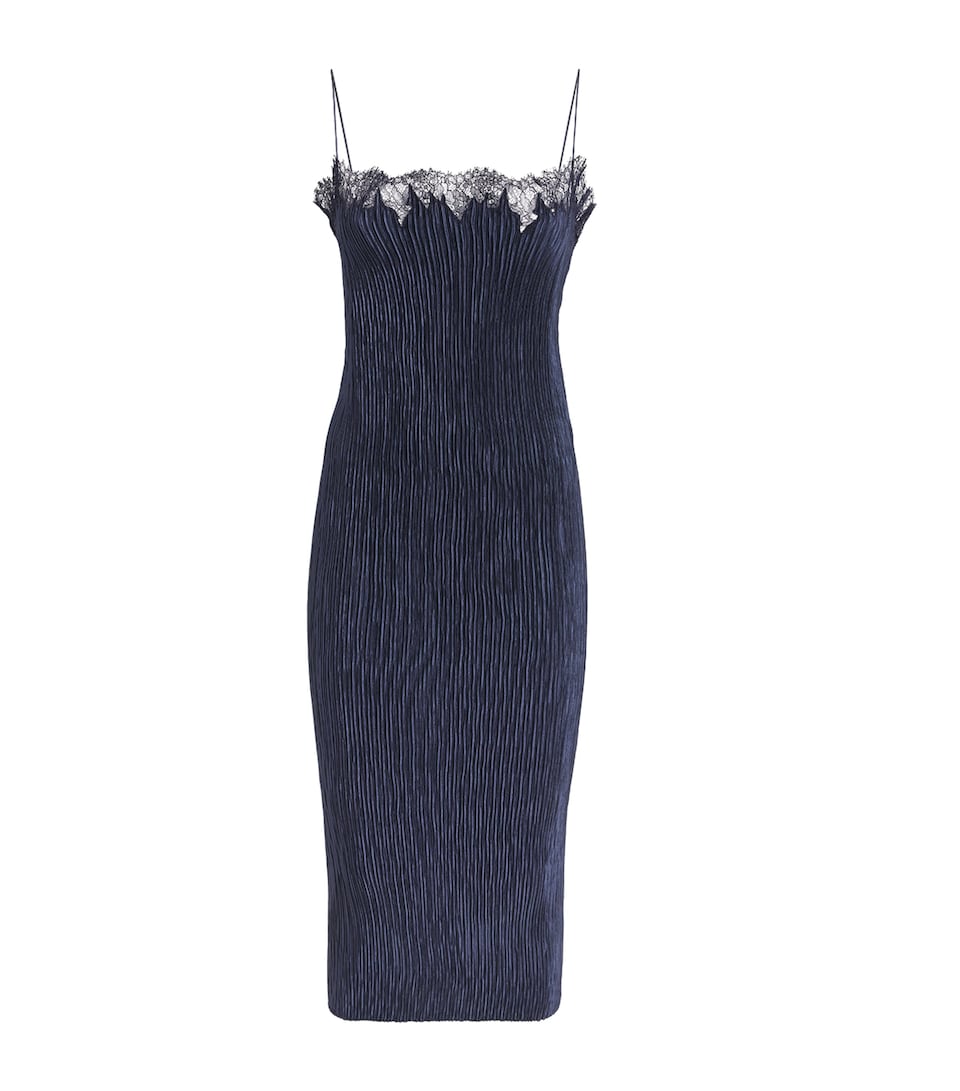 FFORME Plissé Lace-Trim Lumi Midi Dress Ink Blue