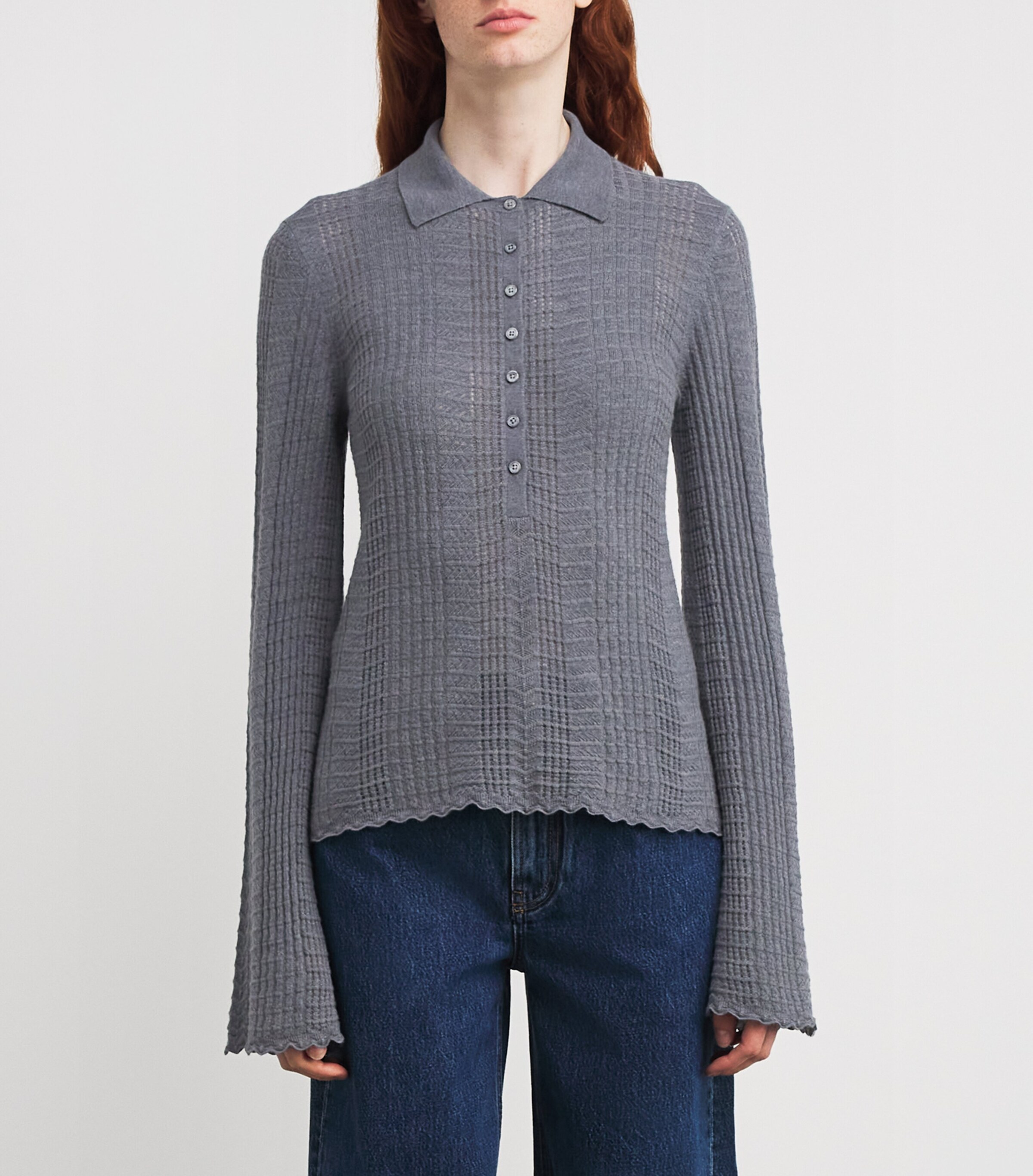 Loulou de Saison Womens Wool-Cashmere Pointelle Tiha Cardigan Grey Melange Image 3